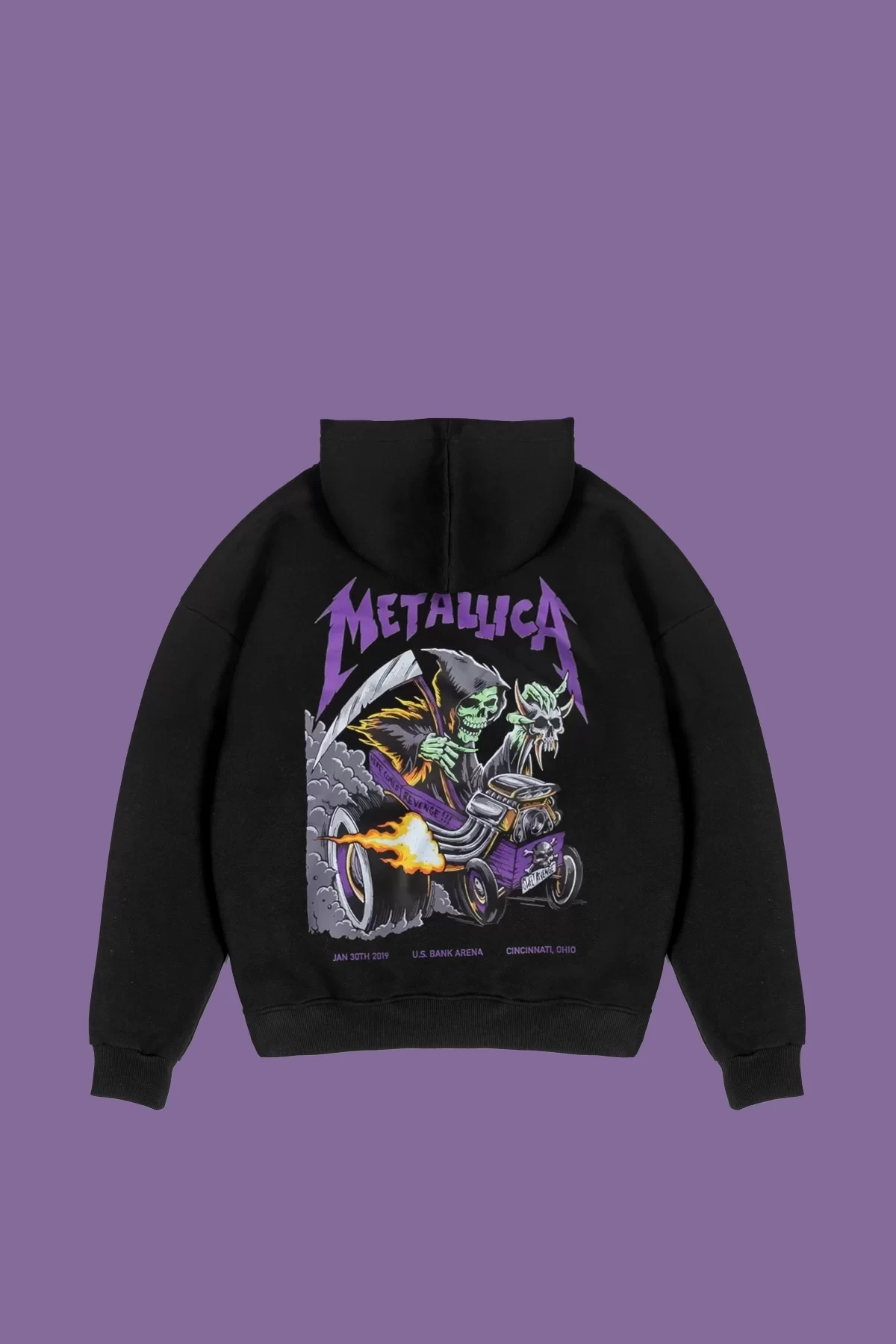 Metallica Mor Sırt Baskılı Siyah Oversize Kapüşonlu Sweatshirt