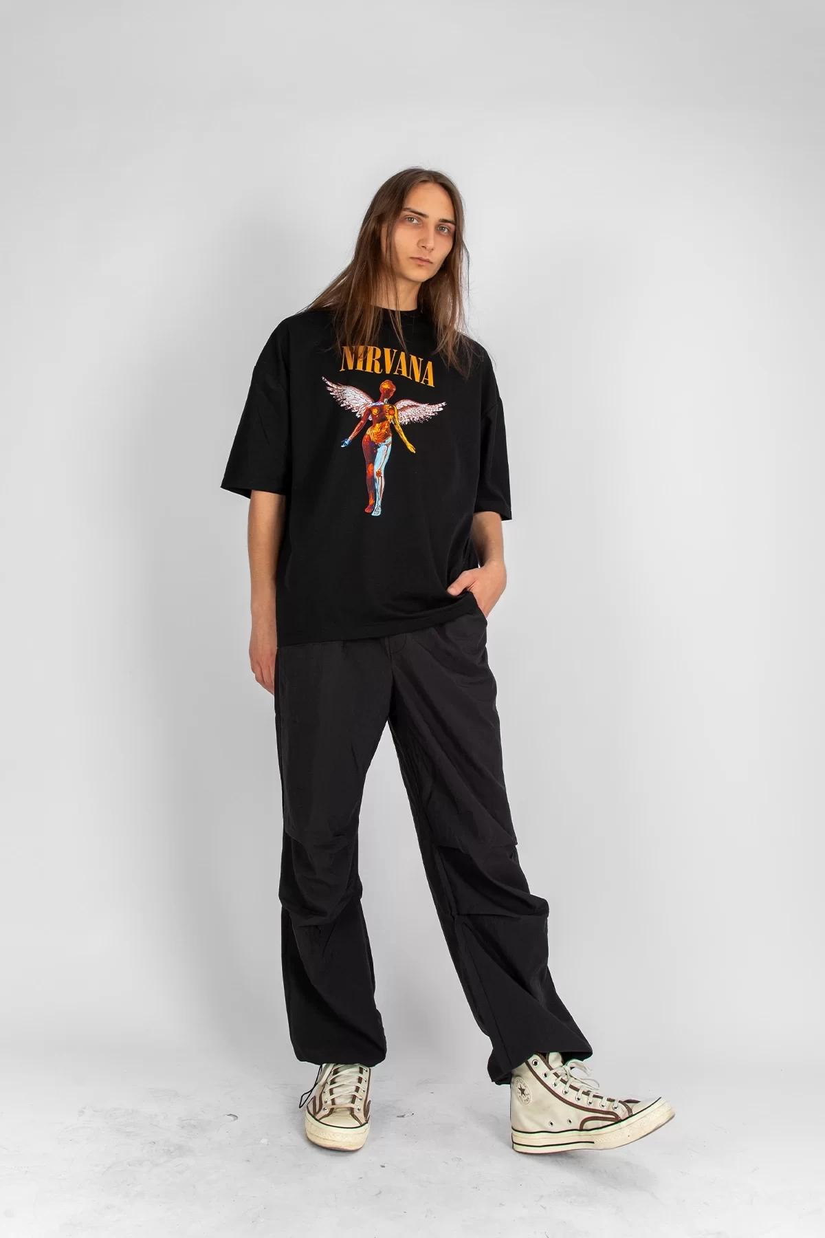 Nirvana Angel Baskılı Oversize Unisex Siyah Tshirt