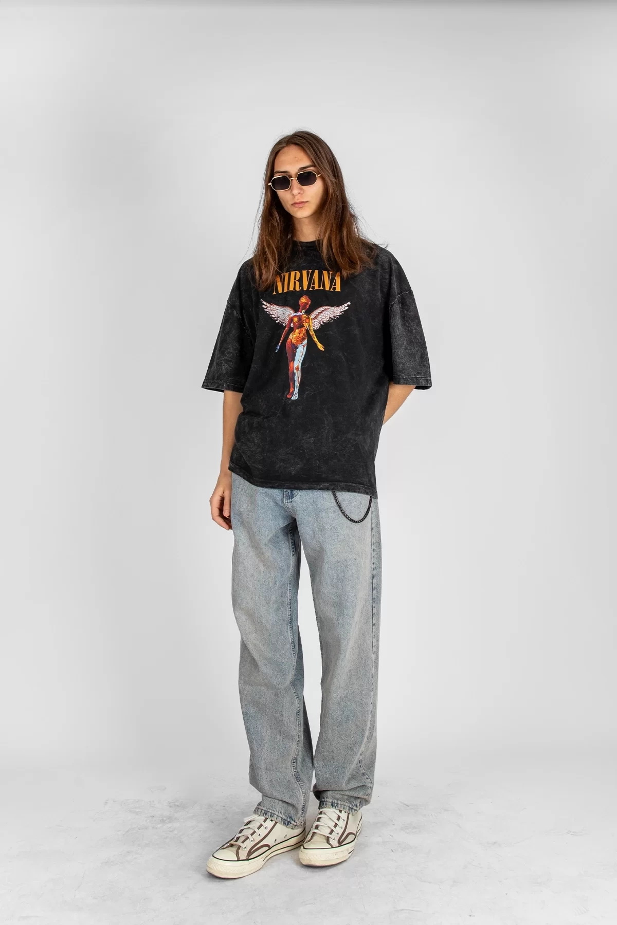 Nirvana Angel Baskılı Oversize Unisex Yıkamalı Füme Tshirt