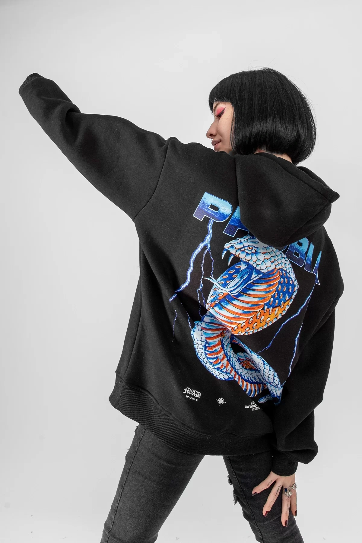 Phobia Sırt Baskılı Unisex Oversize Siyah Hoodie