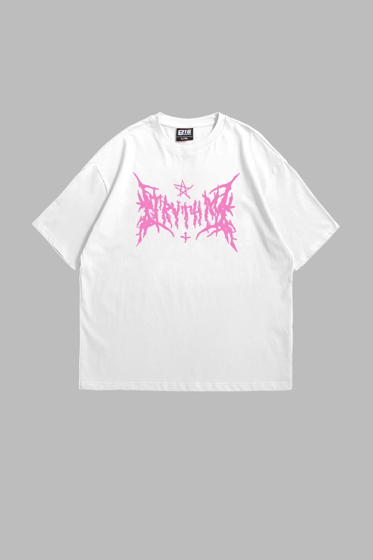 Pink Gotik Baskılı Baskılı Premium Oversize Unisex Beyaz Tshirt