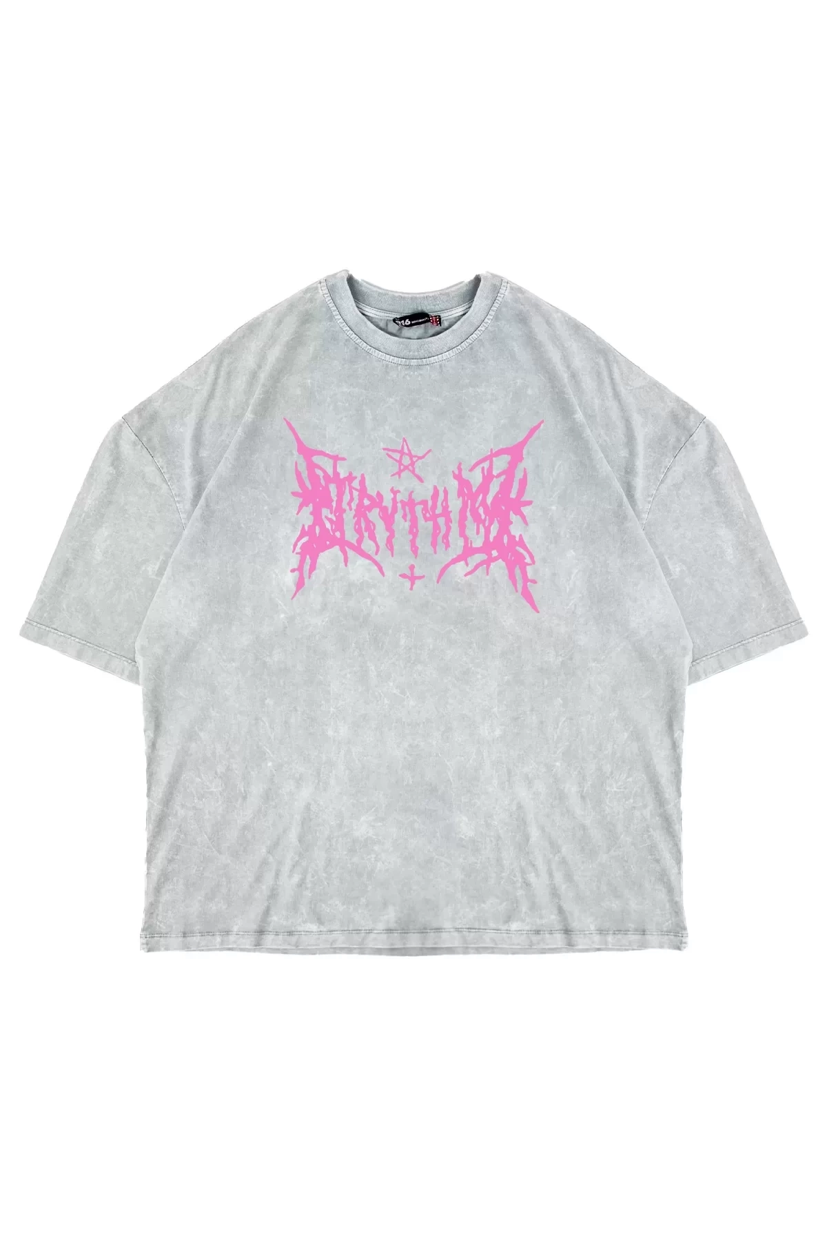 Pink Gotik Baskılı Baskılı Premium Oversize Unisex Yıkamalı Beyaz Tshirt