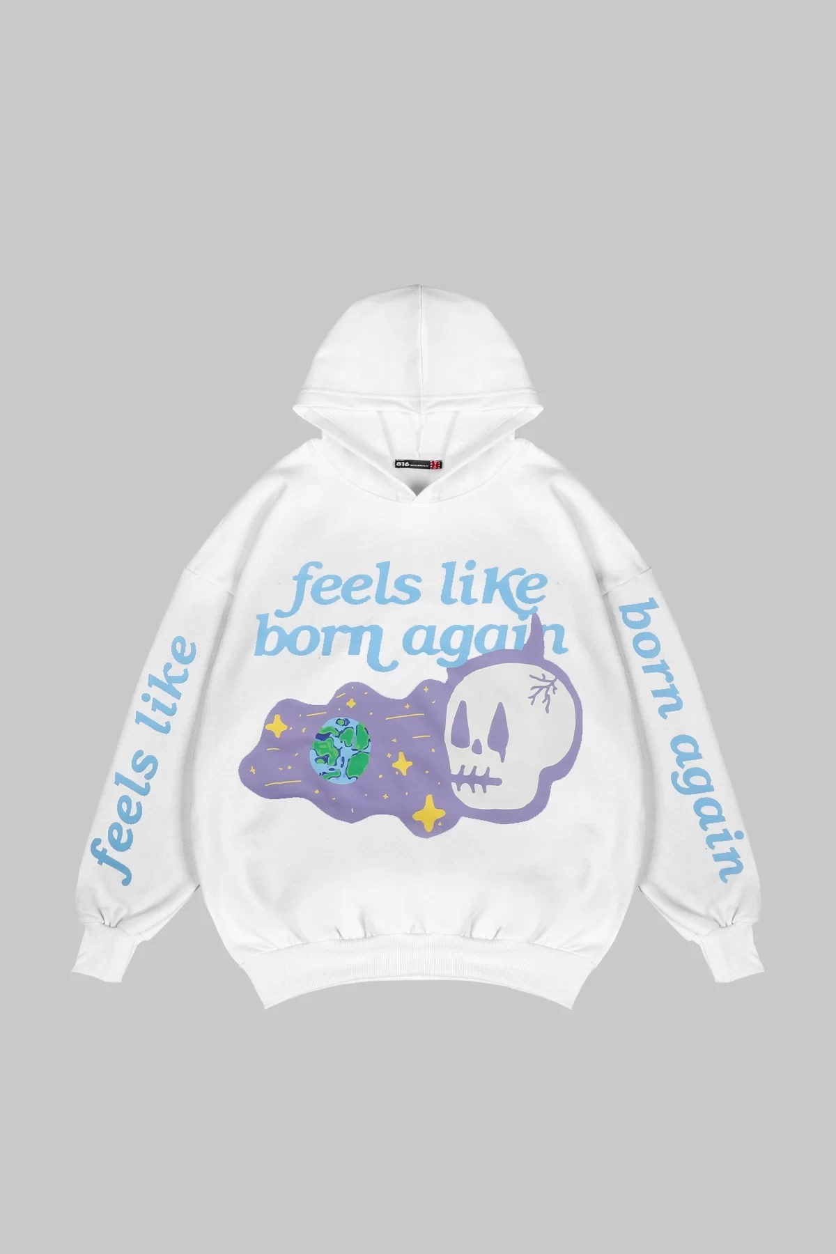 Rahat Kalıp İki İplik Born Again Baskılı Unisex Beyaz Hoodie