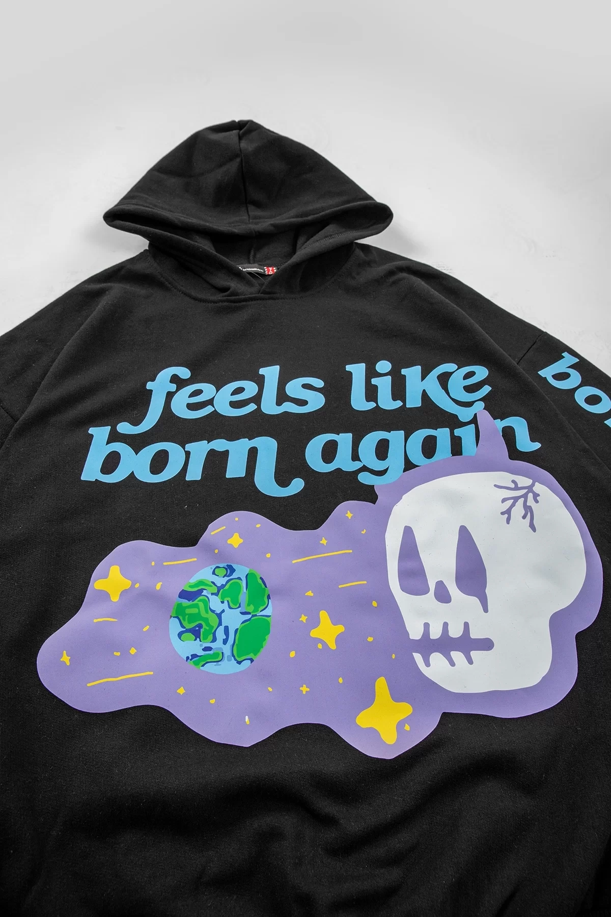 Rahat Kalıp İki İplik Born Again Baskılı Unisex Siyah Hoodie