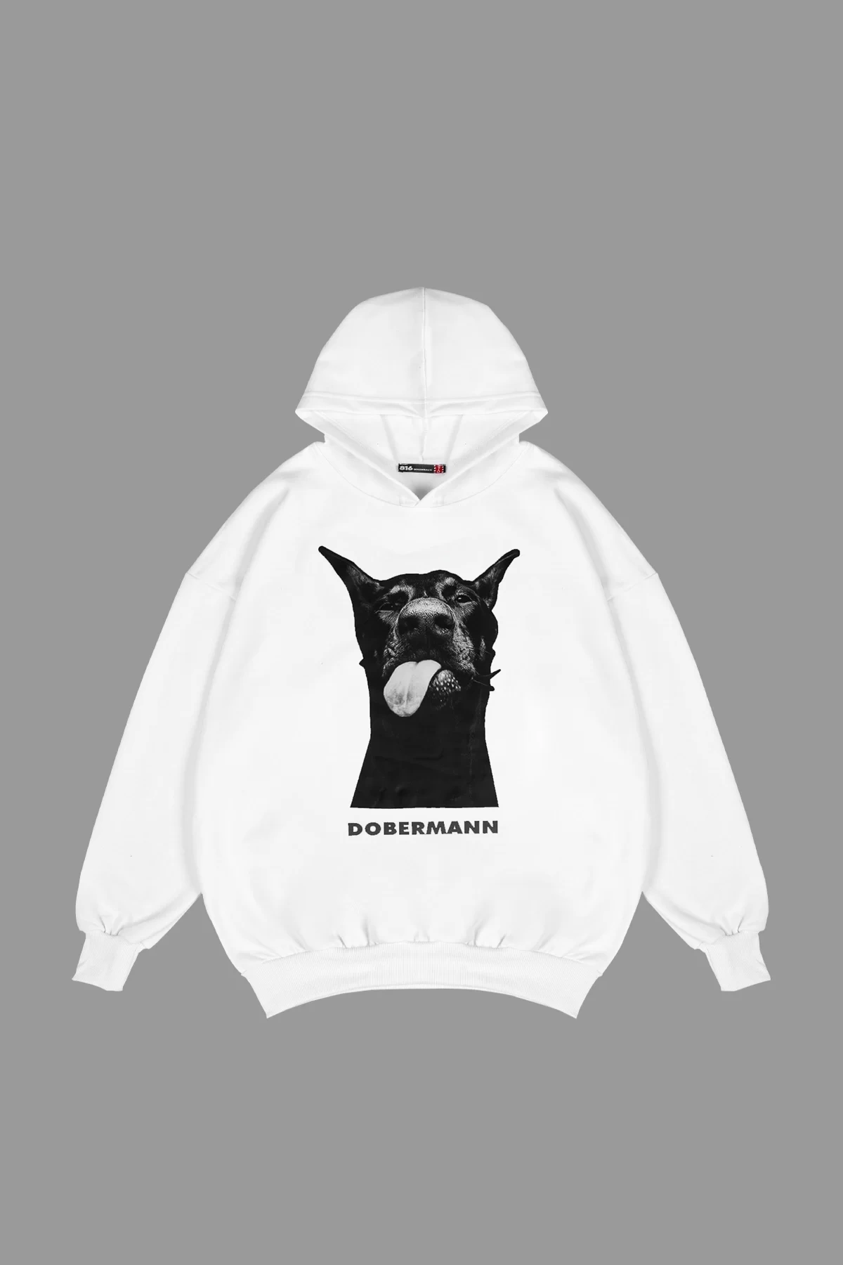 Rahat Kalıp İki İplik Dobermann Baskılı Unisex Beyaz Hoodie