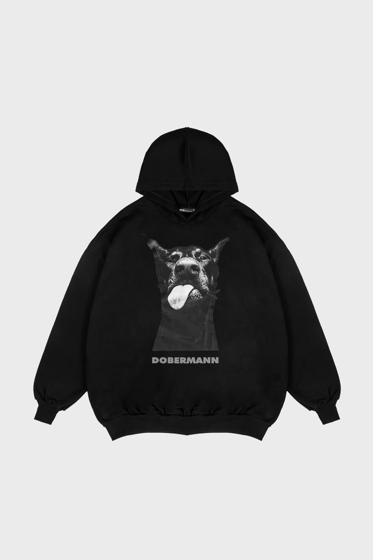 Rahat Kalıp İki İplik Dobermann Baskılı Unisex Siyah Hoodie