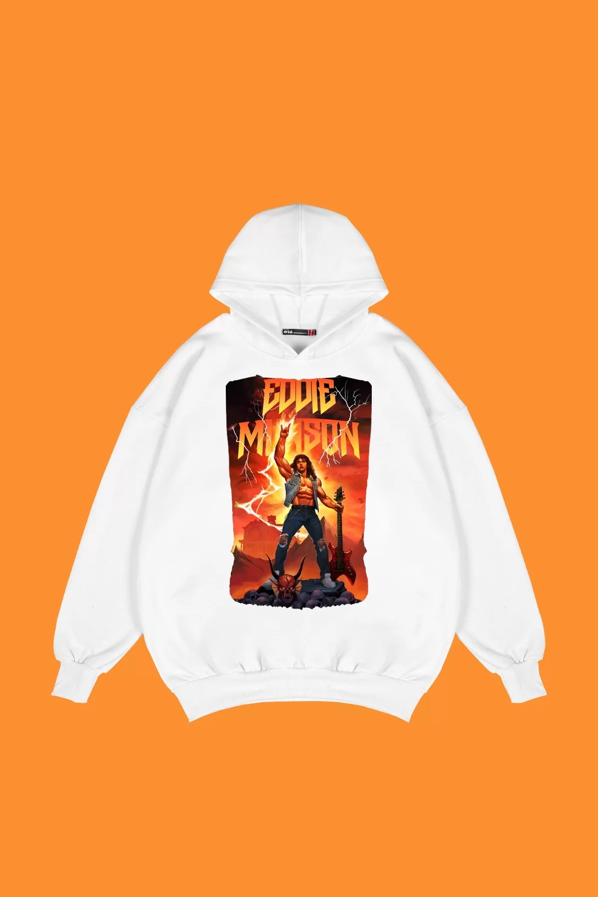 Rahat Kalıp İki İplik Eddie Munson Baskılı Unisex Beyaz Hoodie