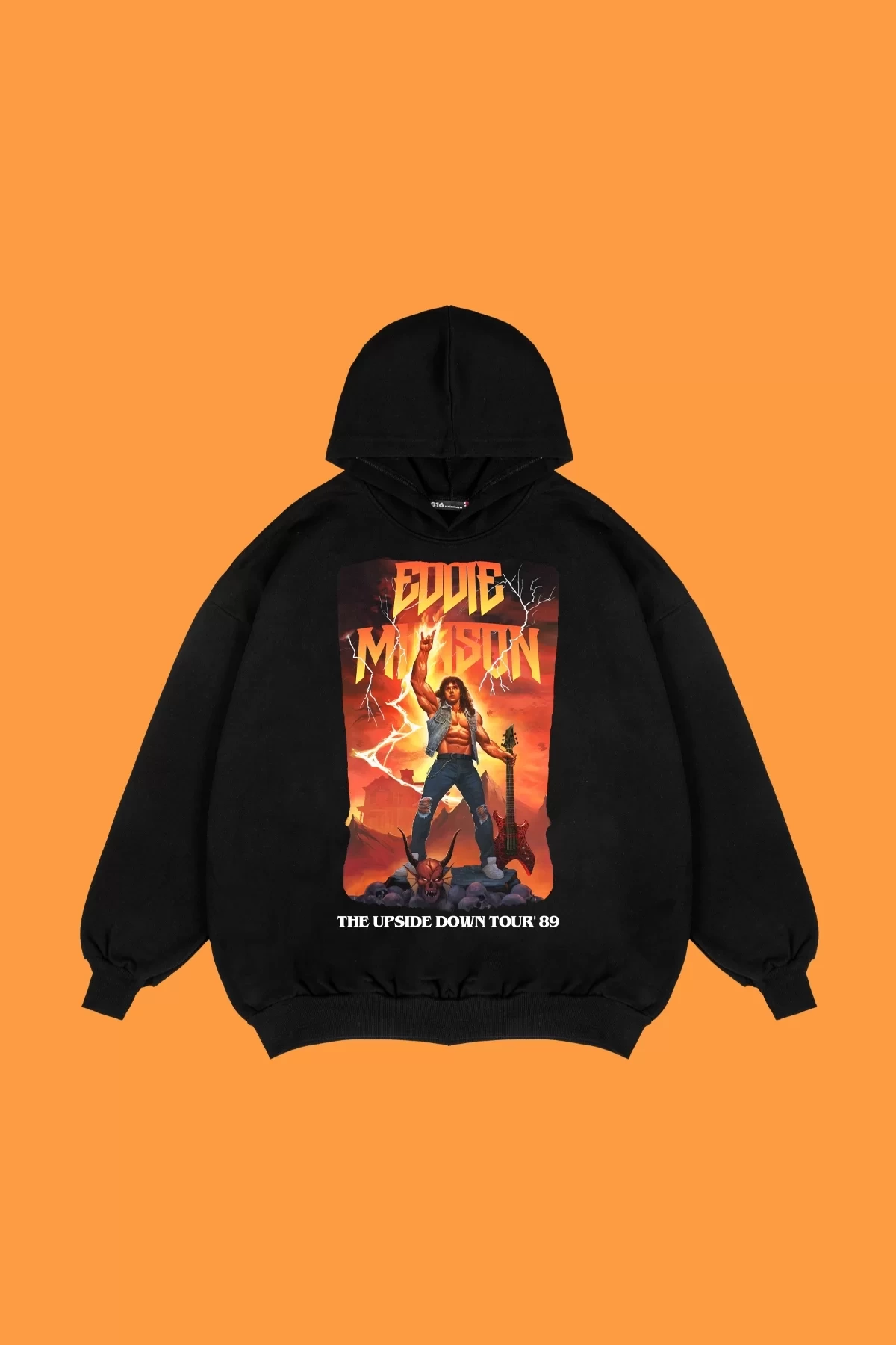 Rahat Kalıp İki İplik Eddie Munson Baskılı Unisex Siyah Hoodie