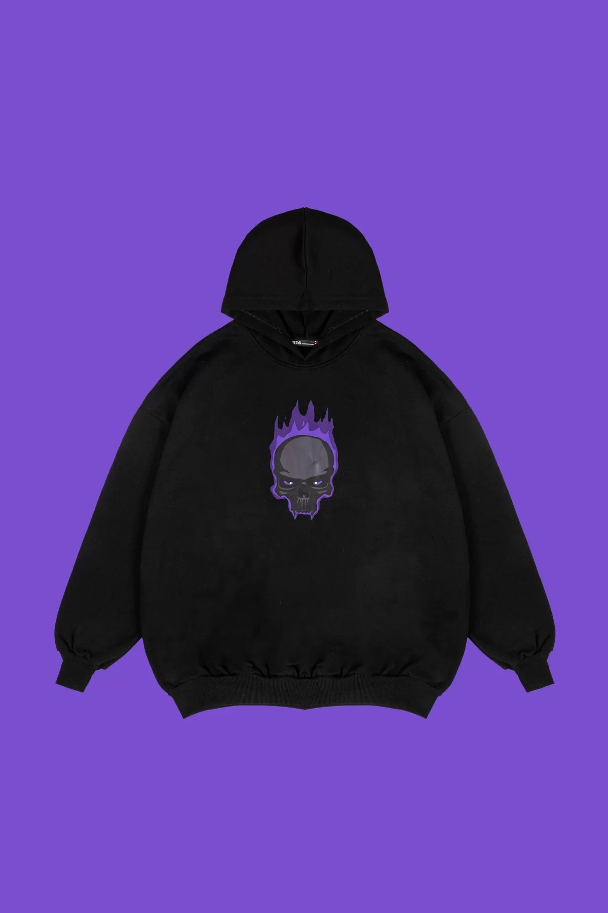 Rahat Kalıp İki İplik Flame Skull Baskılı Oversize Unisex Siyah Hoodie