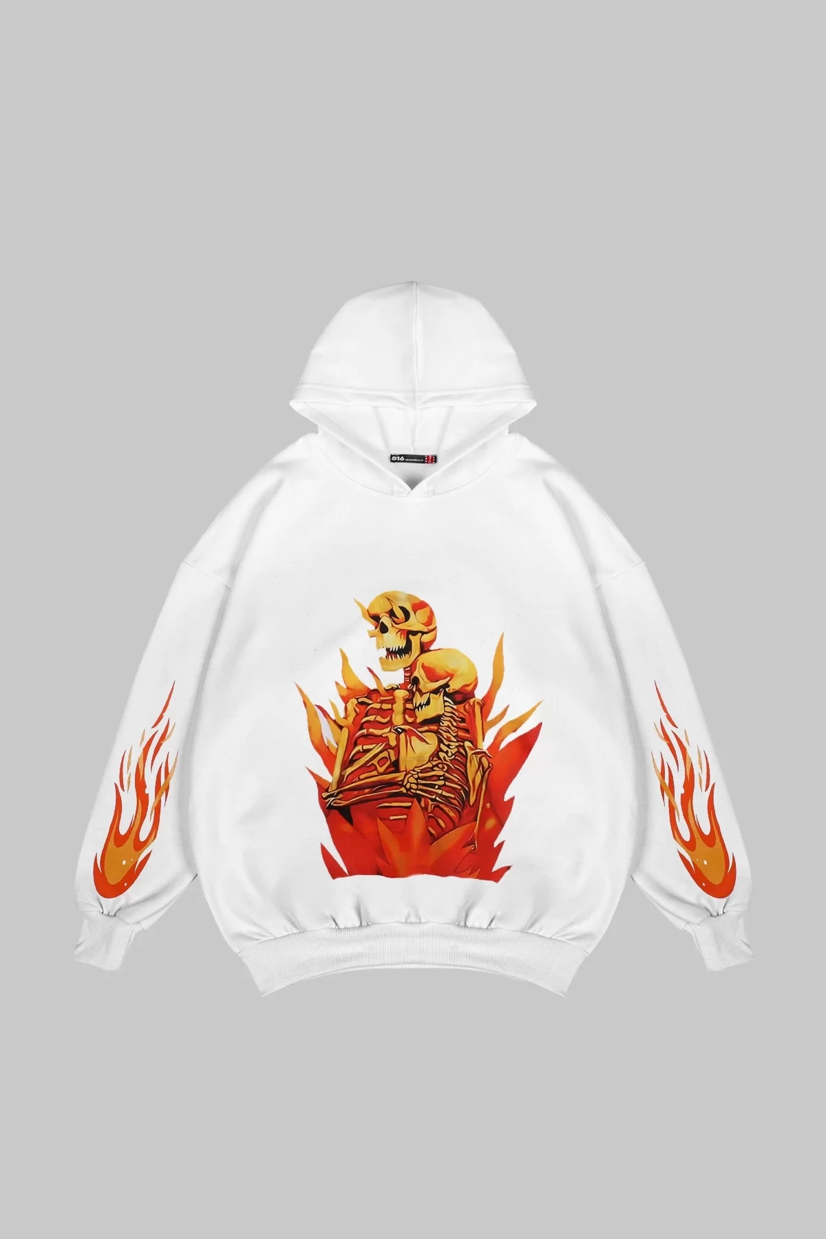 Rahat Kalıp İki İplik Flamme Skulls Baskılı Unisex Beyaz Hoodie