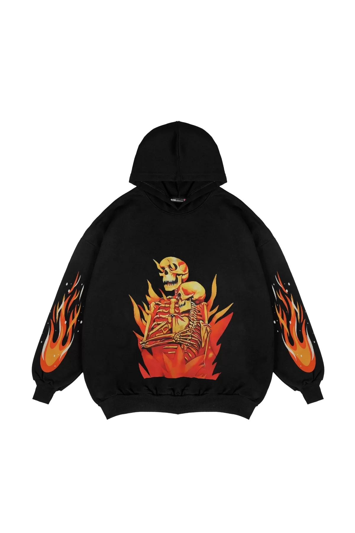 Rahat Kalıp İki İplik Flamme Skulls Baskılı Unisex Siyah Hoodie