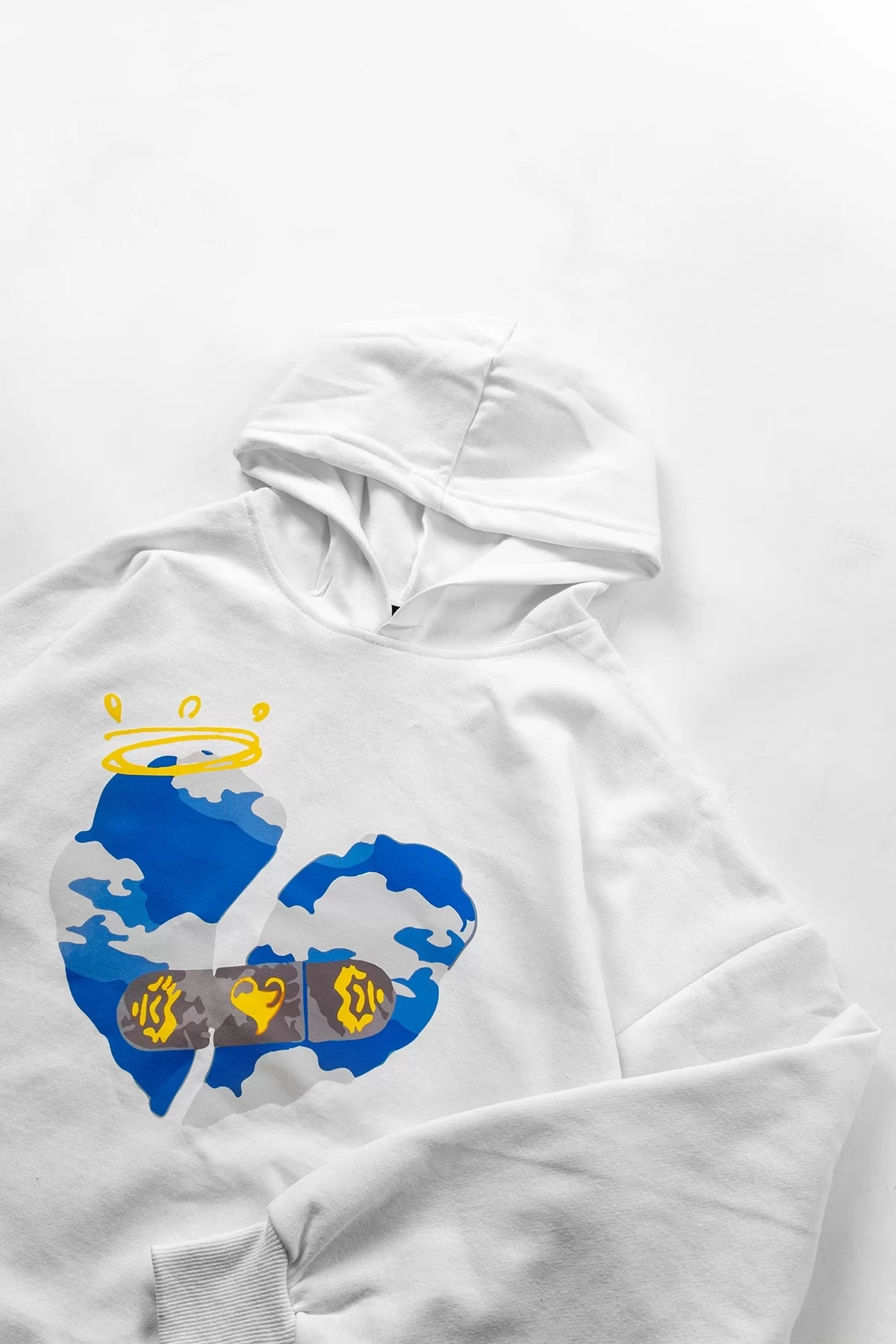 Rahat Kalıp İki İplik Heart Cloud Baskılı Unisex Beyaz Hoodie