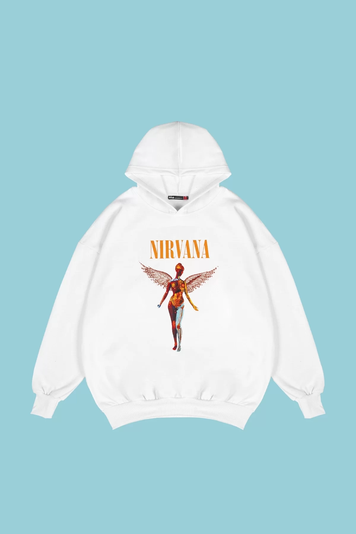 Rahat Kalıp İki İplik Nirvana Angel Baskılı Unisex Beyaz Hoodie