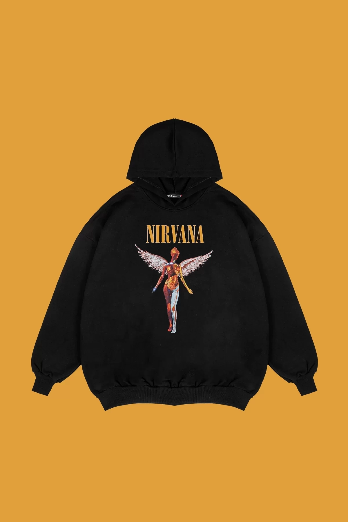 Rahat Kalıp İki İplik Nirvana Angel Baskılı Unisex Siyah Hoodie