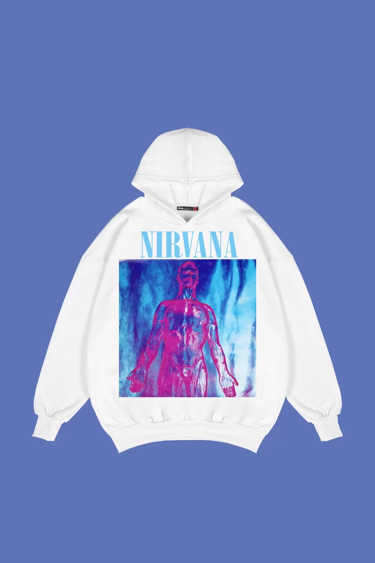 Rahat Kalıp İki İplik Nirvana Sliver Baskılı Unisex Beyaz Hoodie