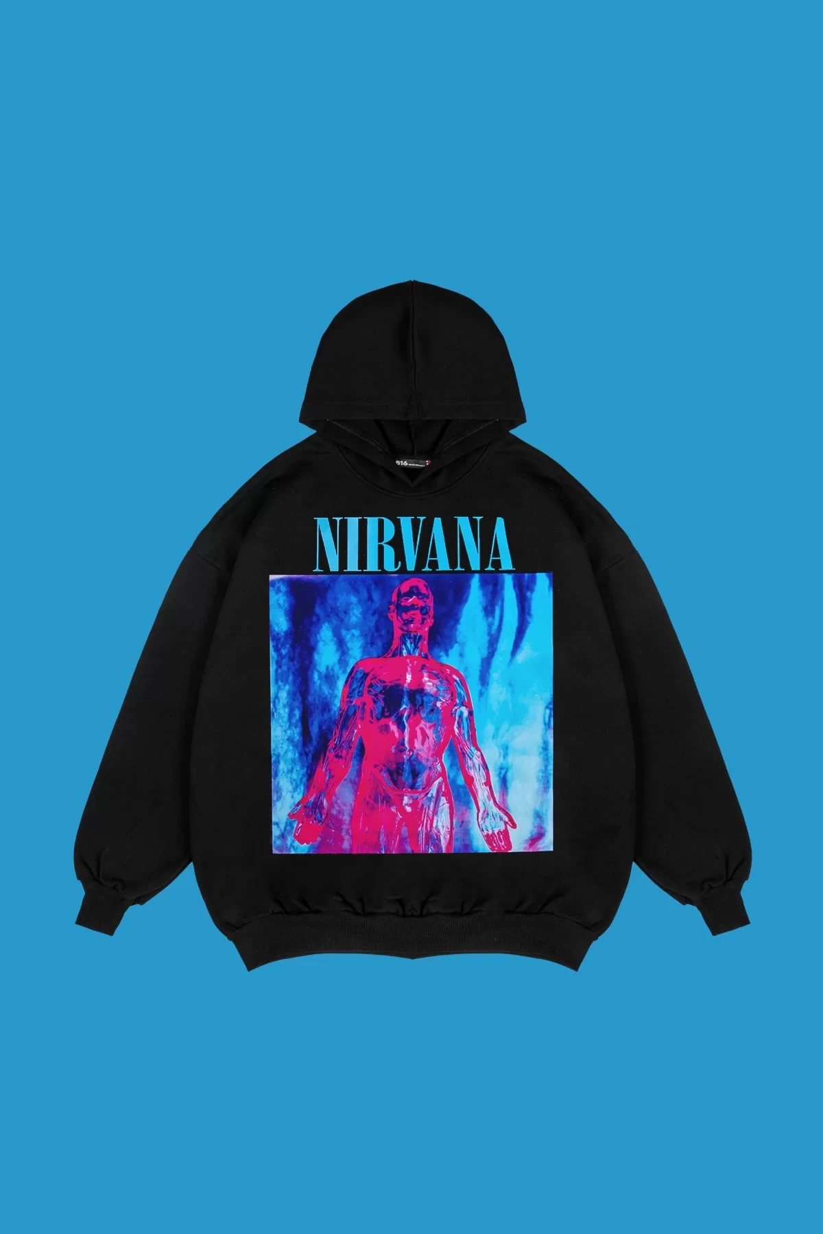 Rahat Kalıp İki İplik Nirvana Sliver Baskılı Unisex Siyah Hoodie