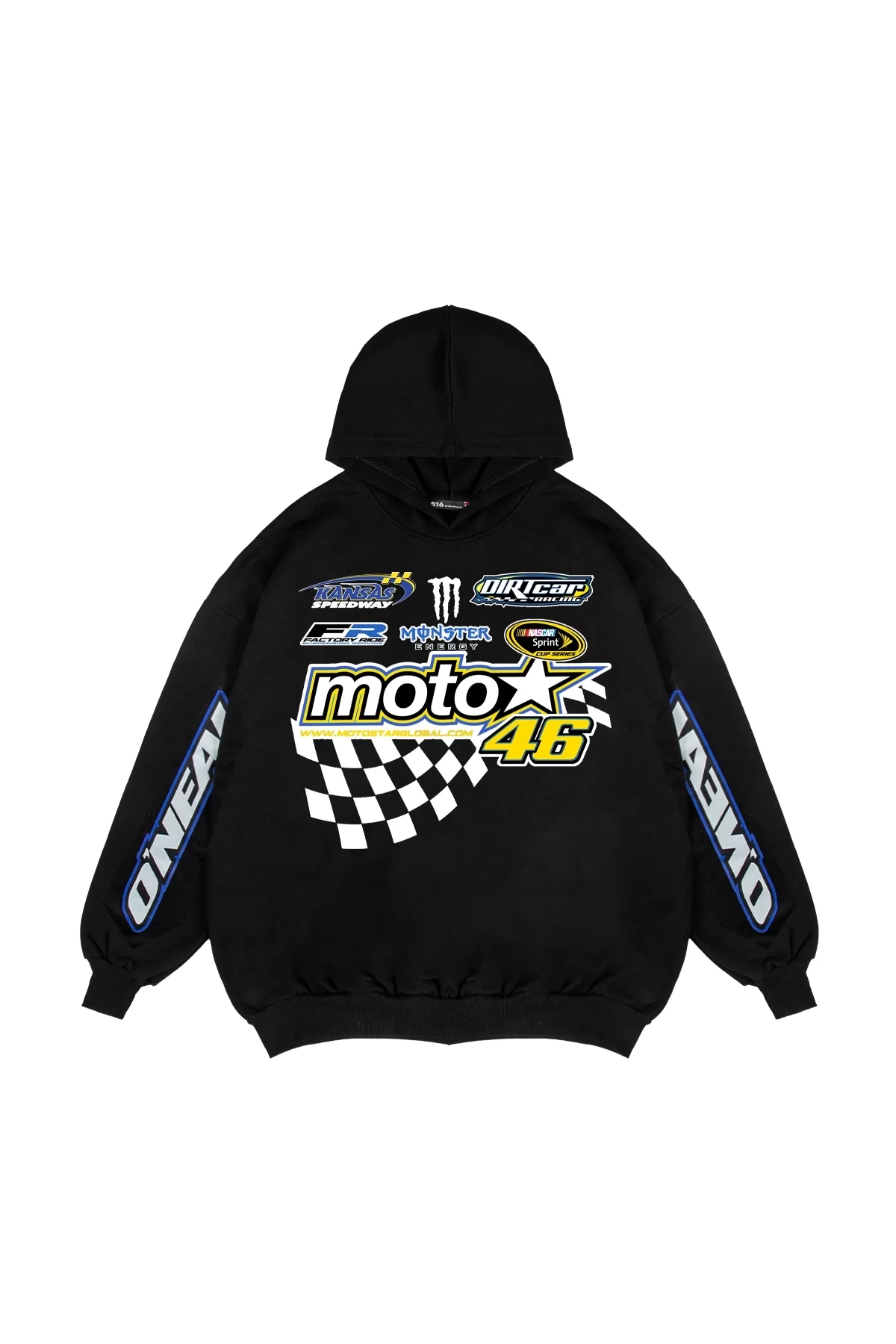 Rahat Kalıp İki İplik Racing 46 Baskılı Unisex Siyah Hoodie