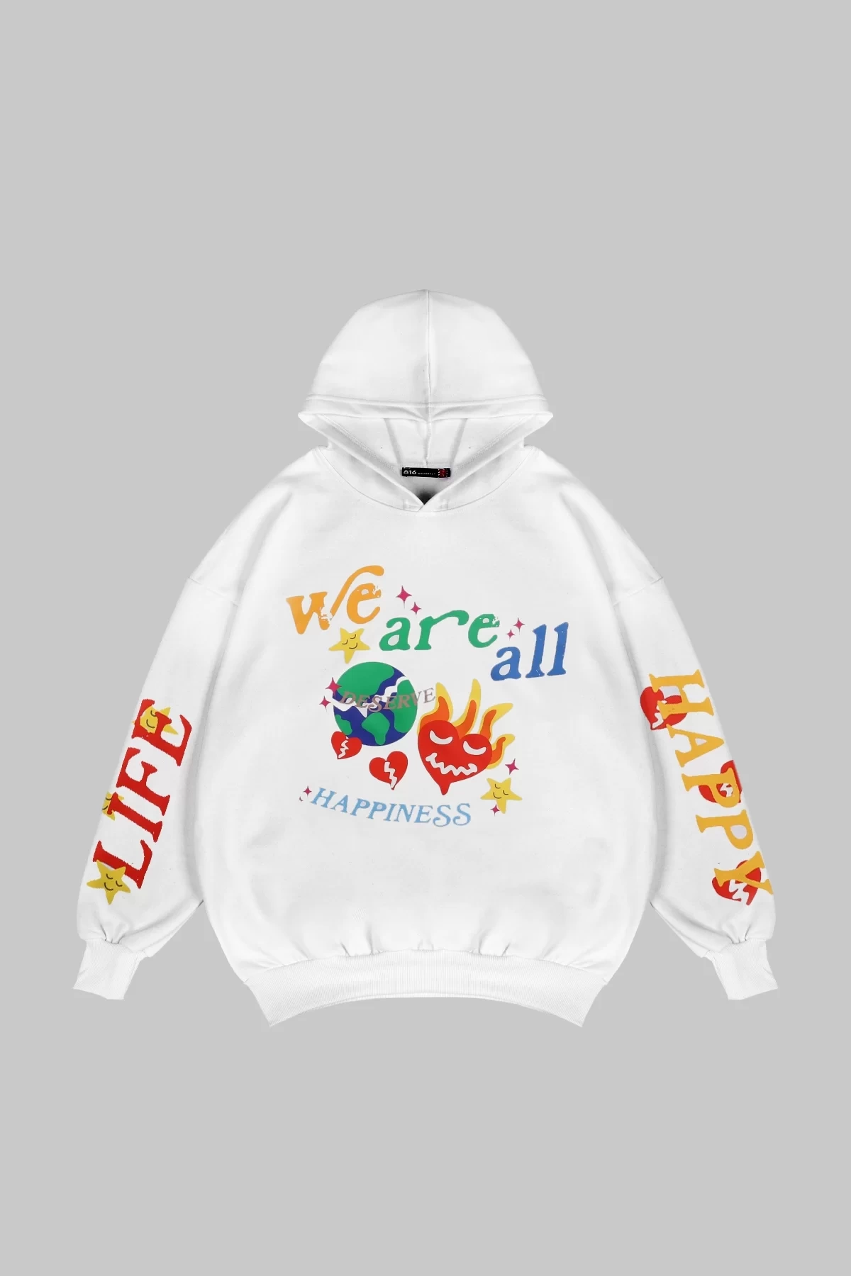 Rahat Kalıp İki İplik We Are All Baskılı Unisex Beyaz Hoodie