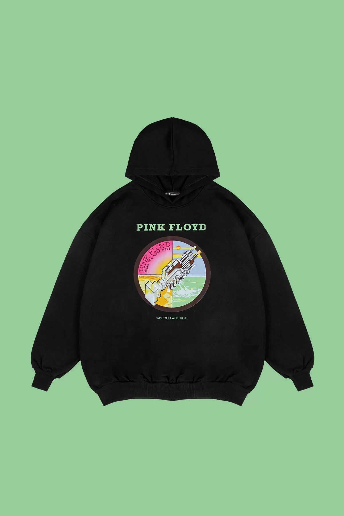 Rahat Kalıp İki İplik WYWH Pink Floyd Unisex Siyah Hoodie