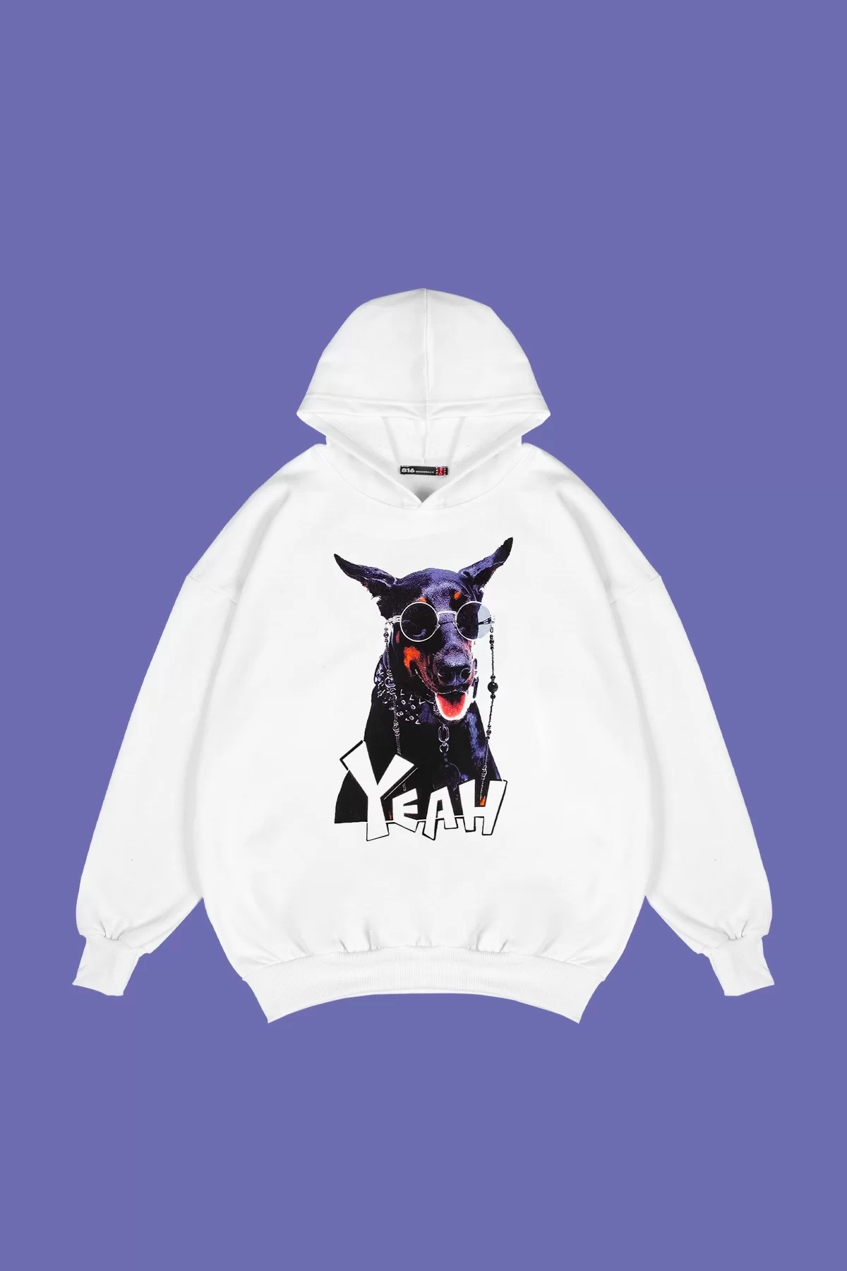 Rahat Kalıp İki İplik YEAH! Dog Baskılı Baskılı Unisex Beyaz Hoodie