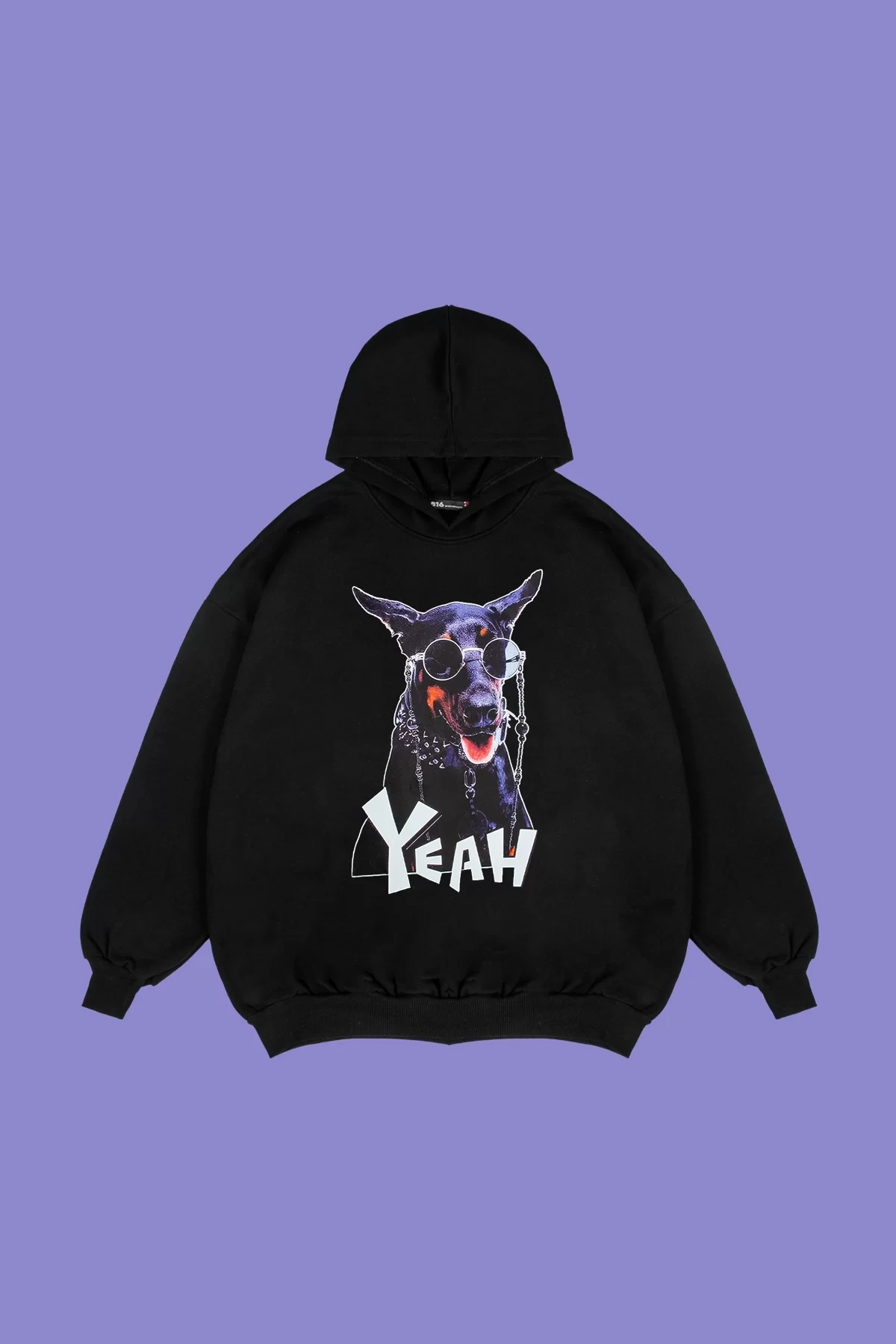 Rahat Kalıp İki İplik YEAH! Dog Baskılı Baskılı Unisex Siyah Hoodie