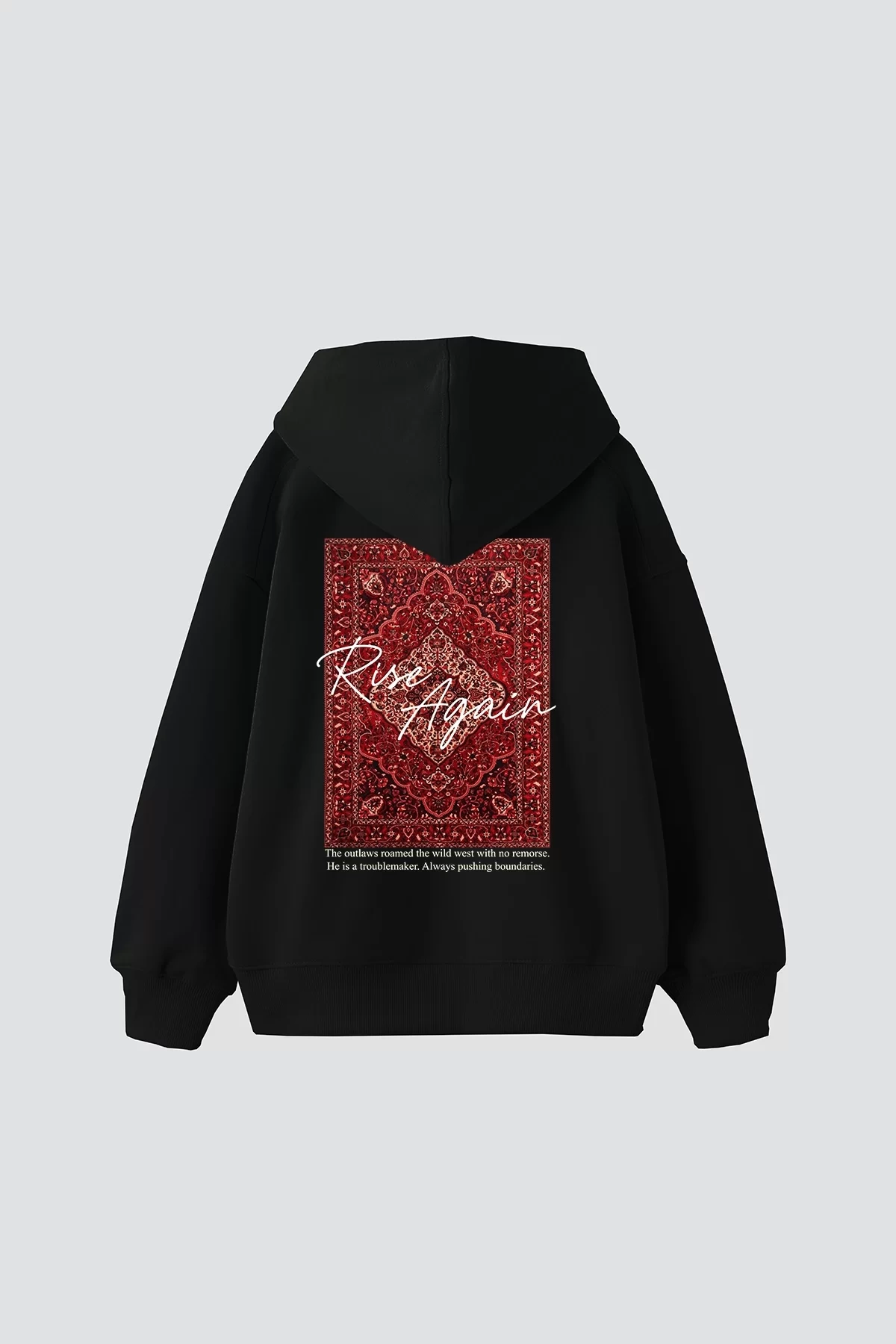 Rise Again Baskılı Oversize Unisex Premium Siyah Hoodie