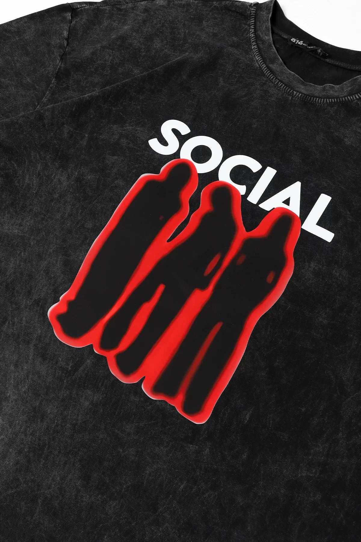 Social Baskılı Yıkamalı Siyah Unisex Oversize Tshirt