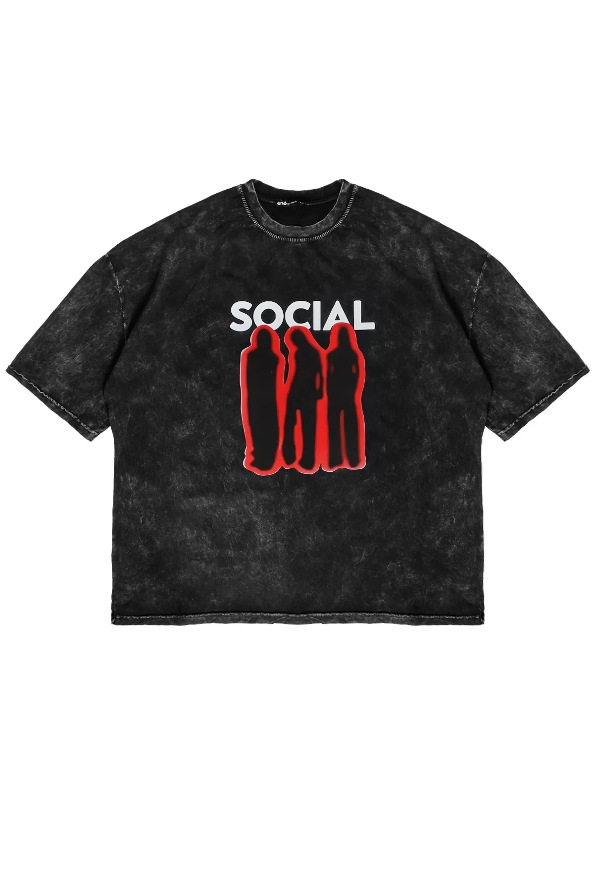 Social Baskılı Yıkamalı Siyah Unisex Oversize Tshirt