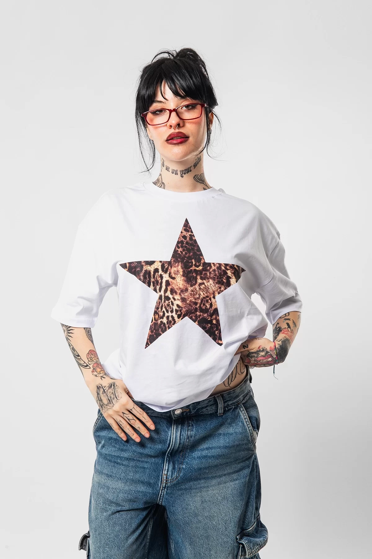 Starz Leopar Baskılı 24/1 Oversize Unisex Beyaz Tshirt