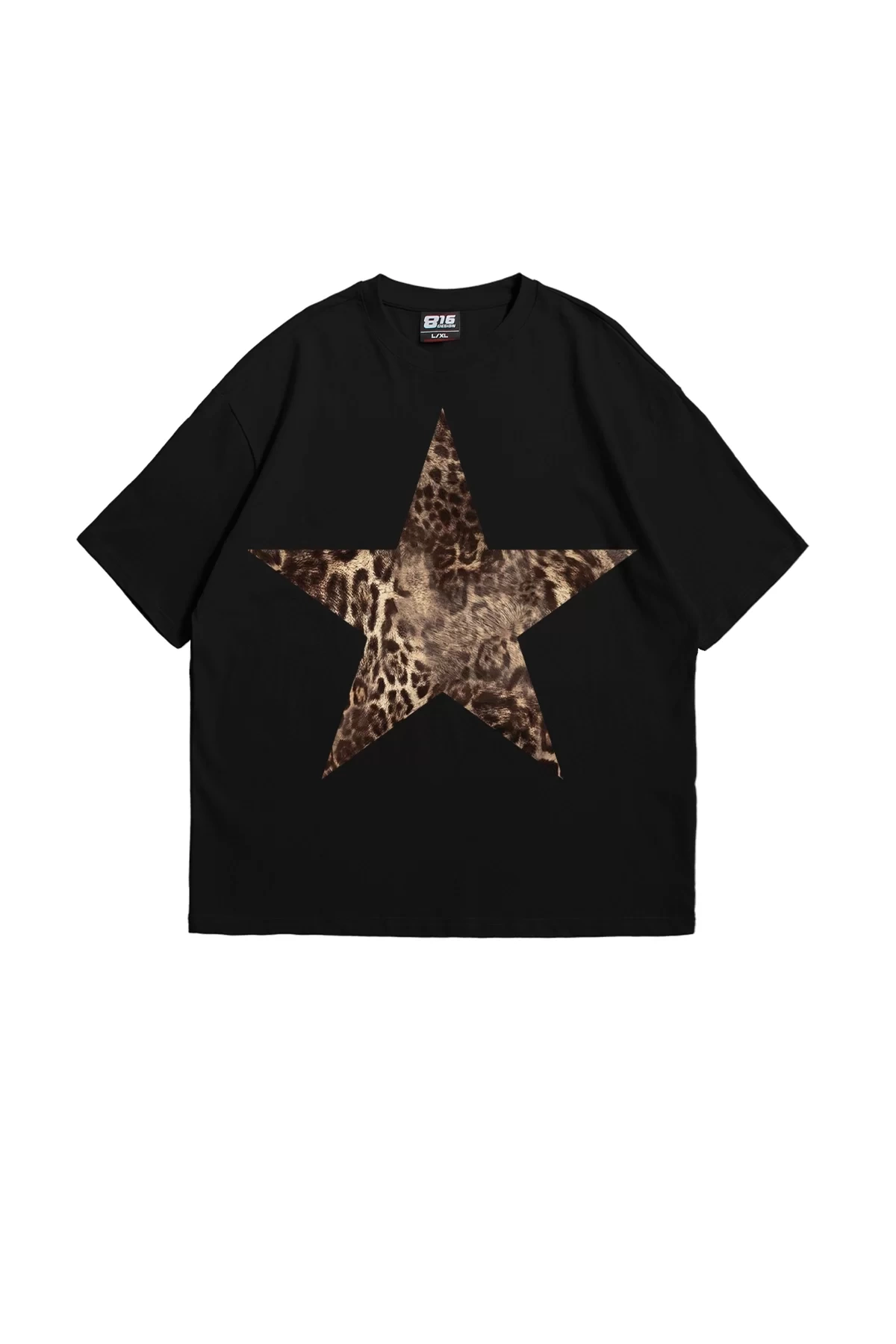 Starz Leopar Baskılı 24/1 Oversize Unisex Siyah Tshirt