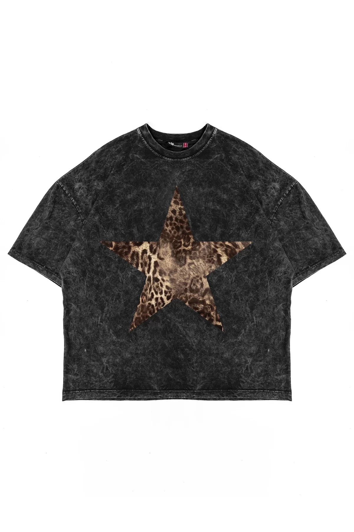 Starz Leopar Baskılı 24/1 Oversize Unisex Yıkamalı Siyah Tshirt