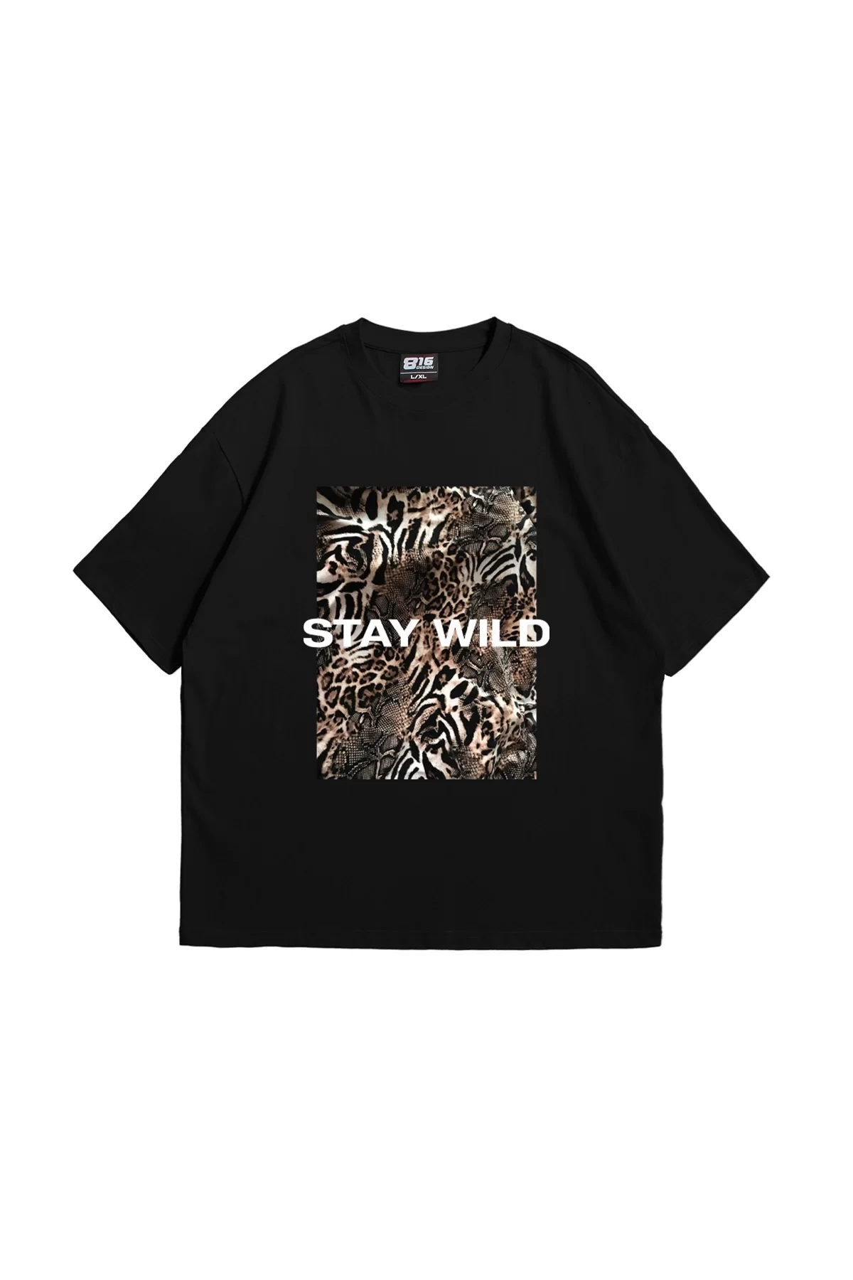 Stay Wild Leopar Baskılı 24/1 Oversize Unisex Siyah Tshirt