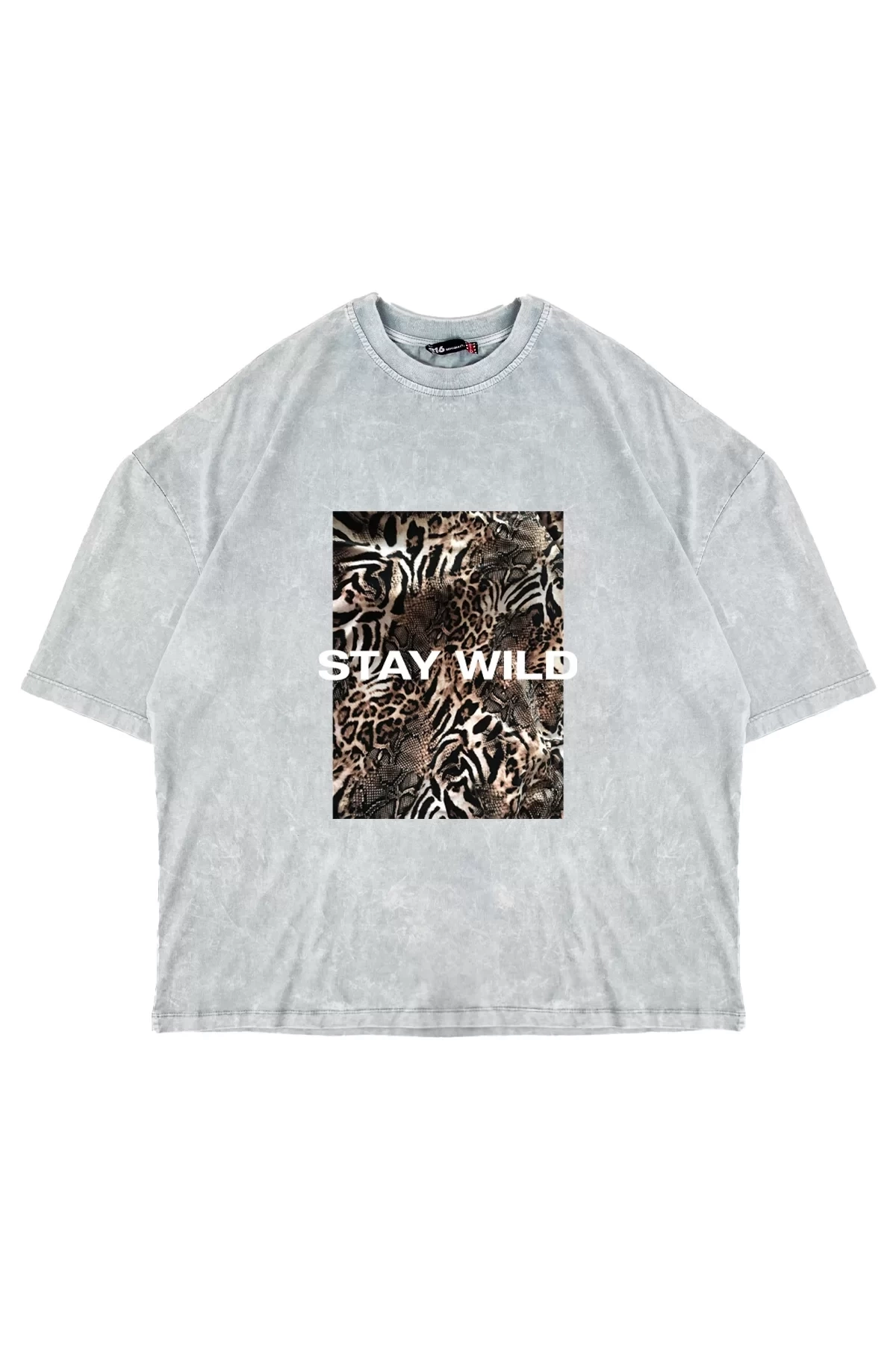 Stay Wild Leopar Baskılı 24/1 Oversize Unisex Yıkamalı Beyaz Tshirt