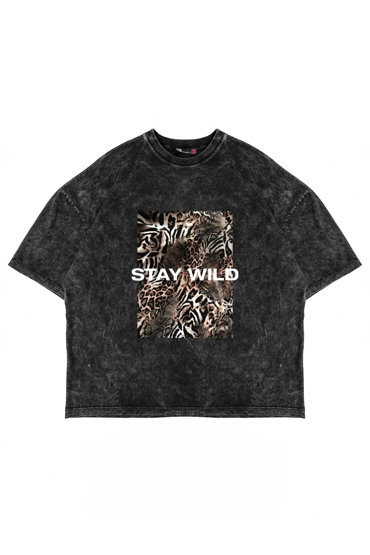 Stay Wild Leopar Baskılı 24/1 Oversize Unisex Yıkamalı Siyah Tshirt