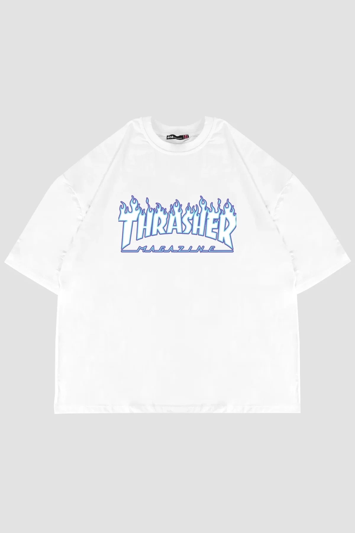 Thrasher Flam Baskılı Oversize Unisex Beyaz Tshirt