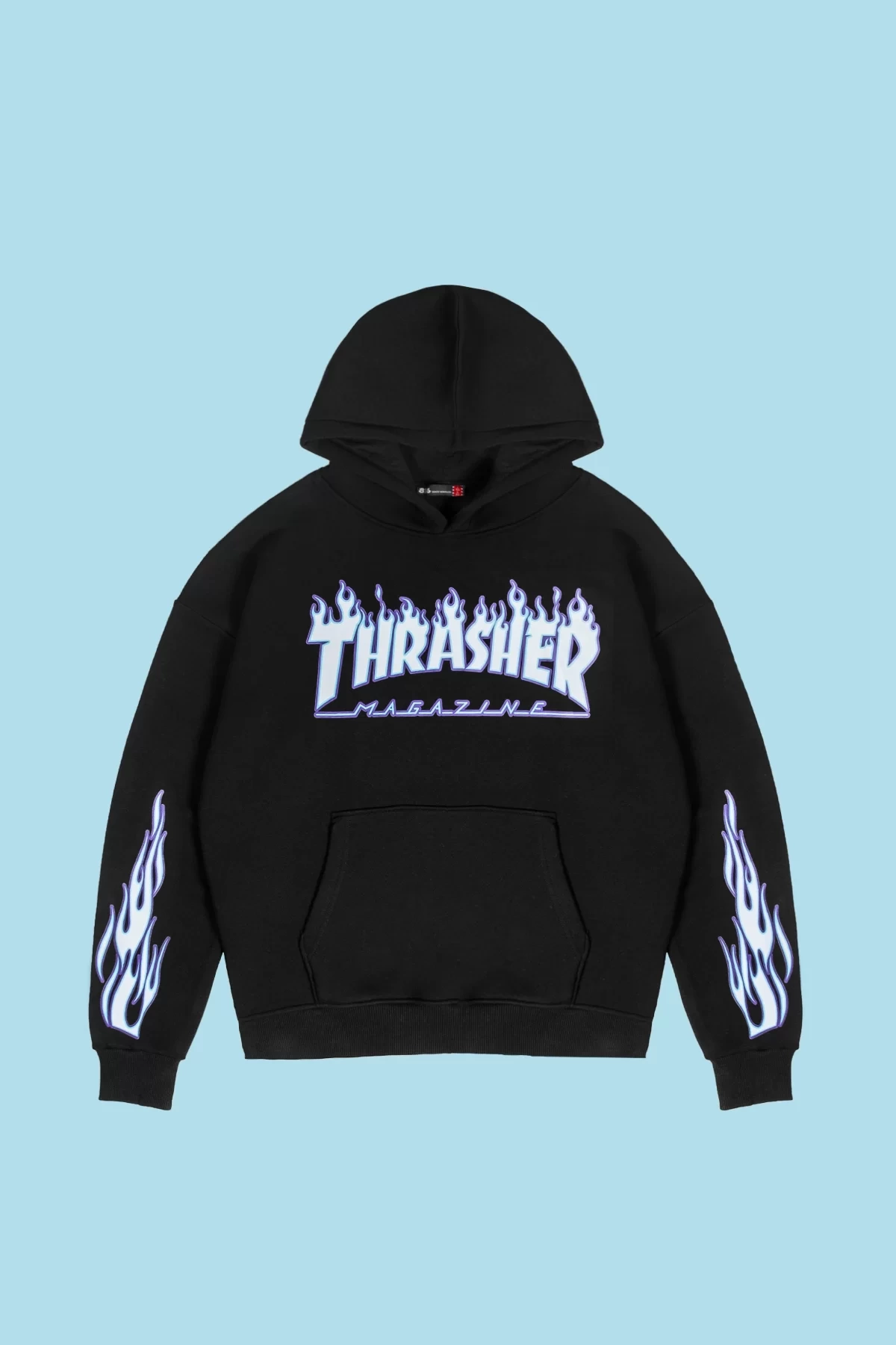 Thrasher Flam Baskılı Oversize Unisex Siyah Hoodie