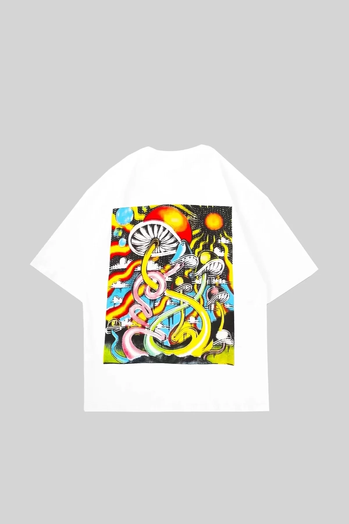 Trippy Mushrooms Sırt Baskılı Beyaz Unisex Oversize Tshirt