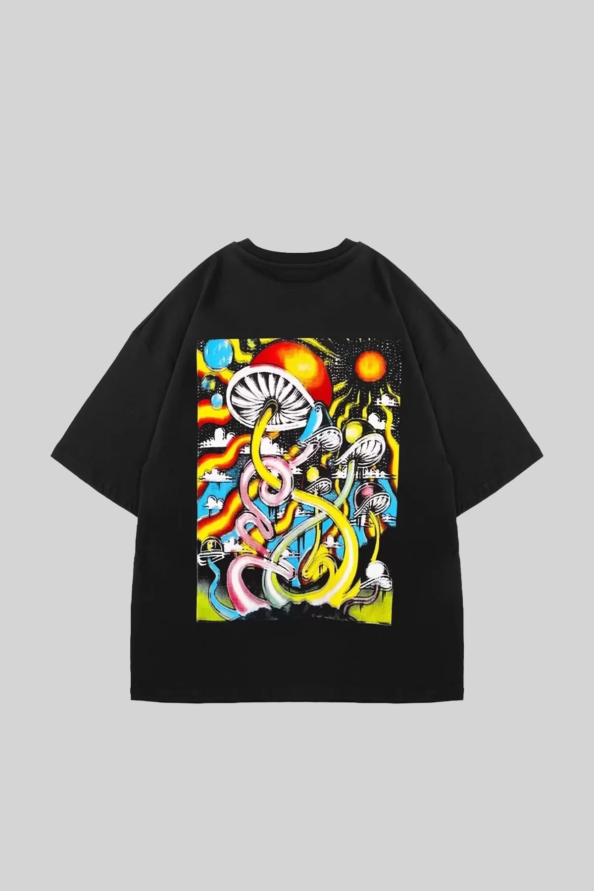 Trippy Mushrooms Sırt Baskılı Siyah Unisex Oversize Tshirt