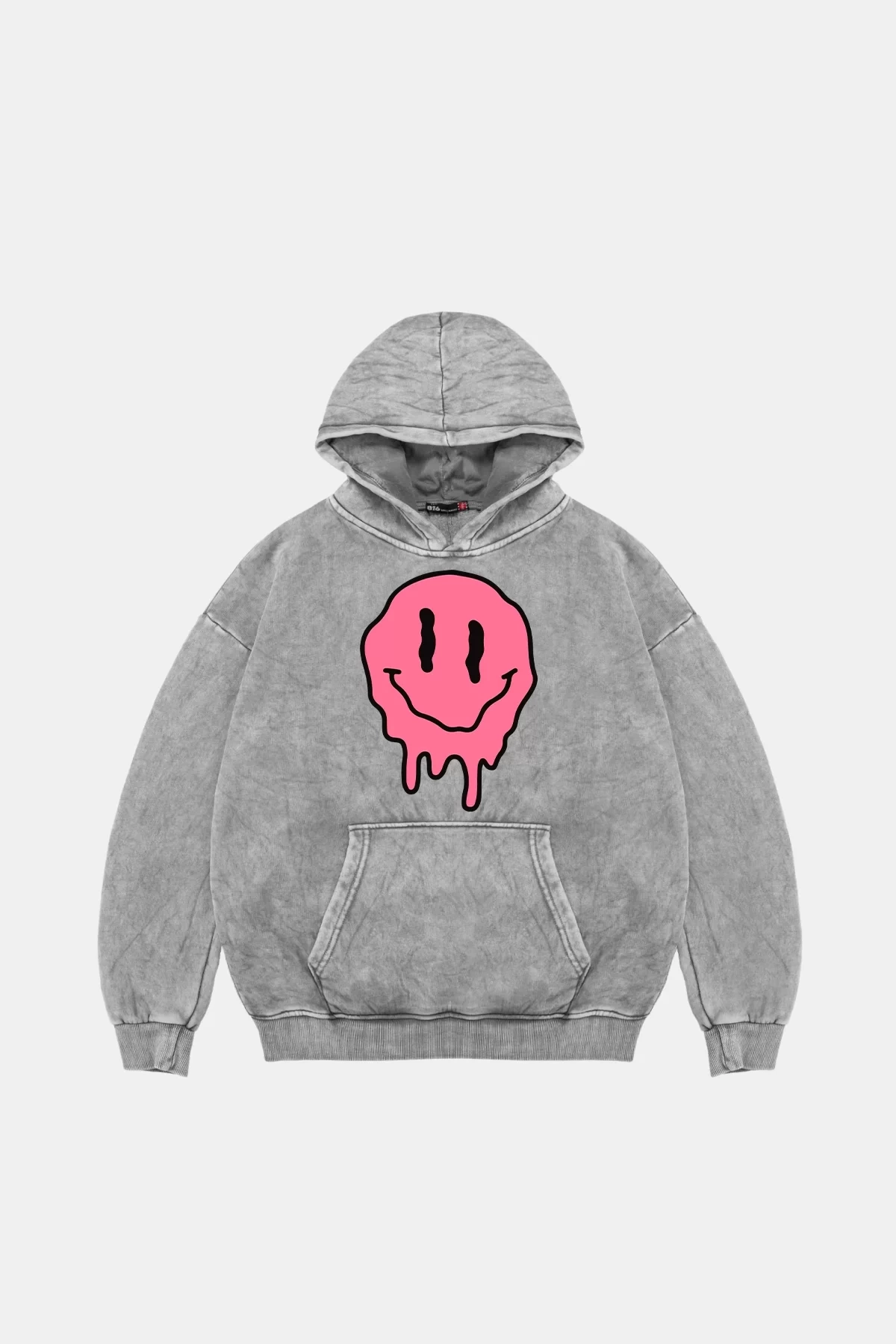 Yıkamalı Beyaz Acid Smile Baskılı Oversize Unisex Hoodie