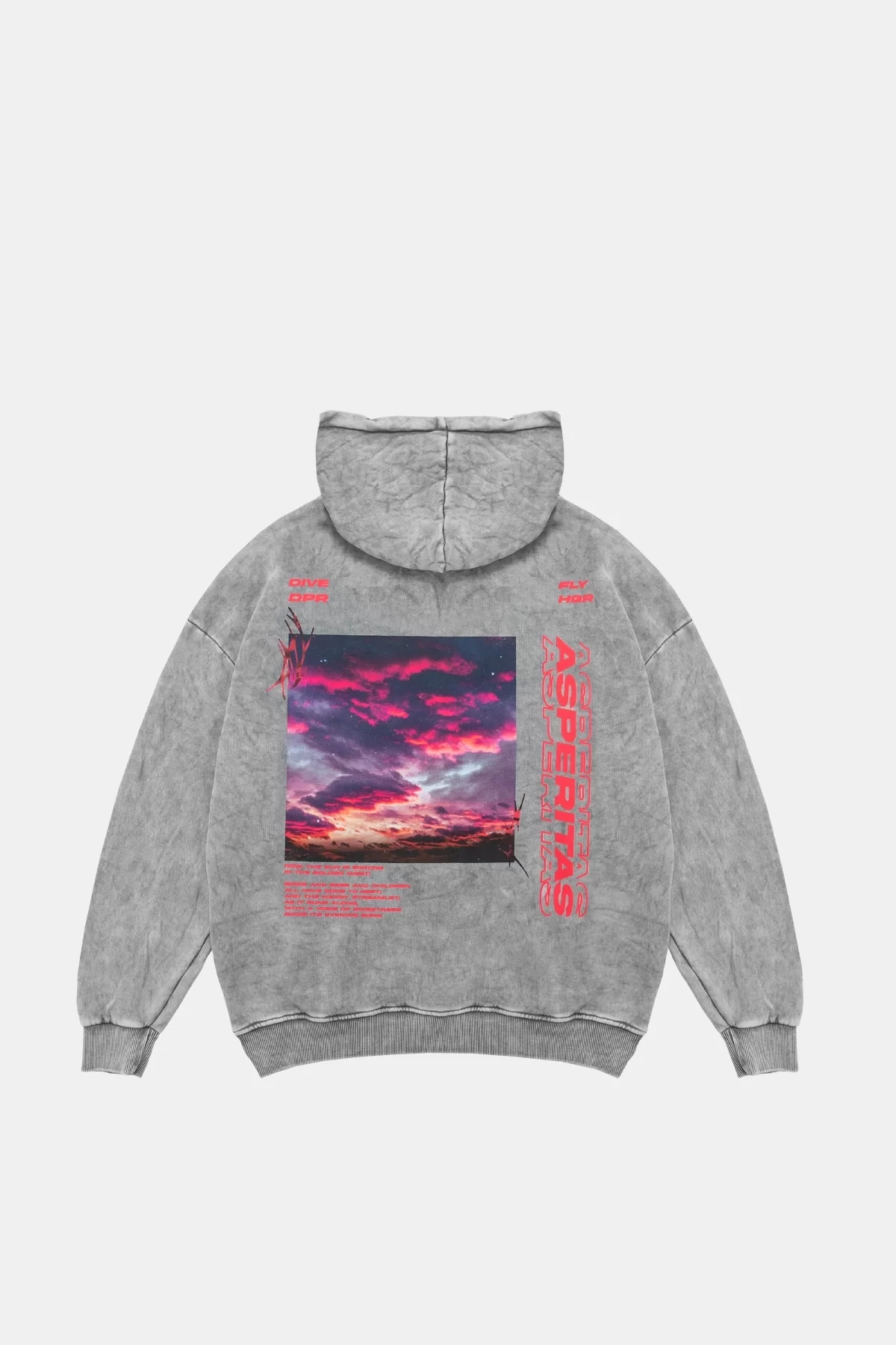 Yıkamalı Beyaz Asperitas Sırt Baskılı Oversize Unisex Hoodie