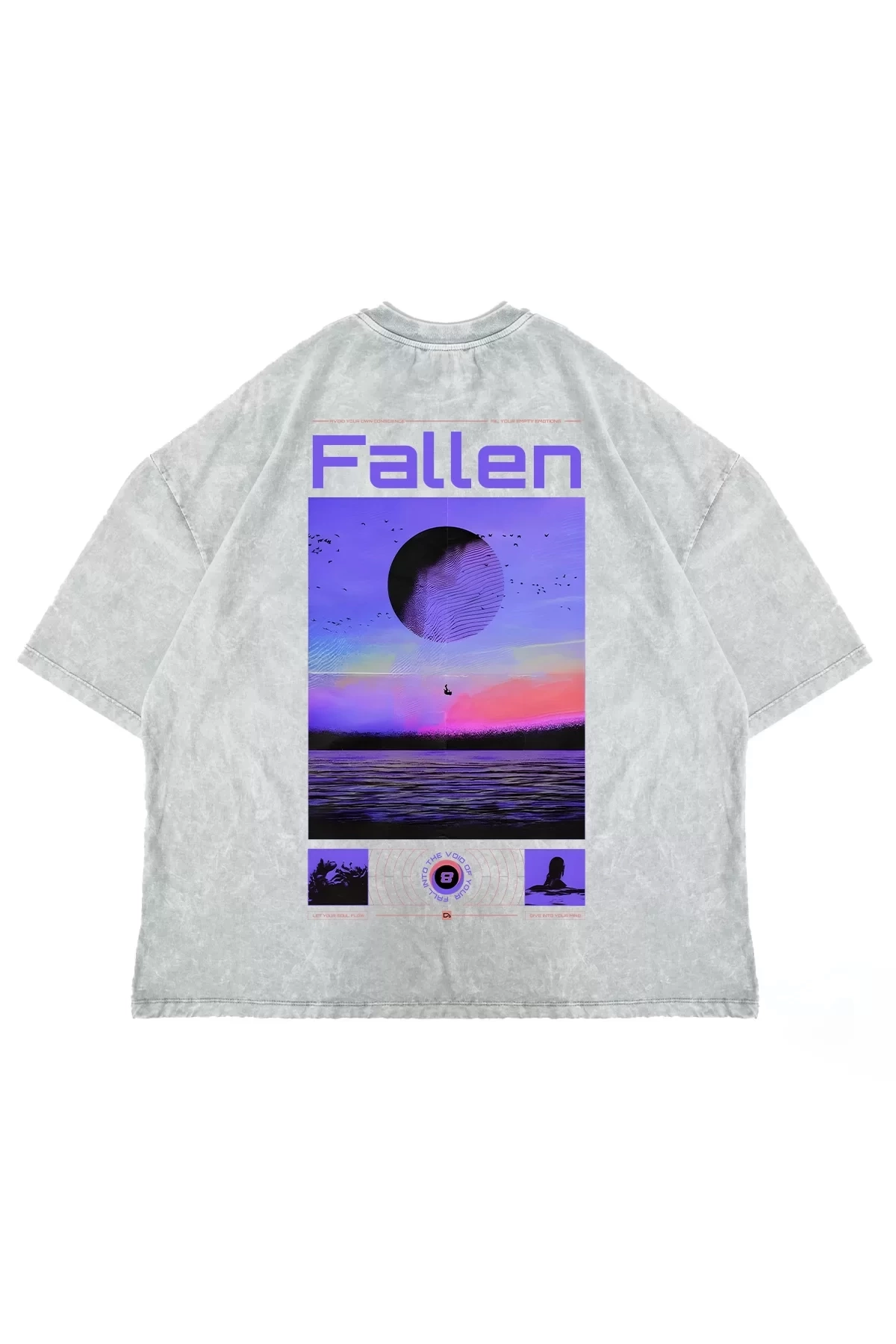 Yıkamalı Beyaz Fallen Sırt Baskılı Oversize Unisex Tshirt