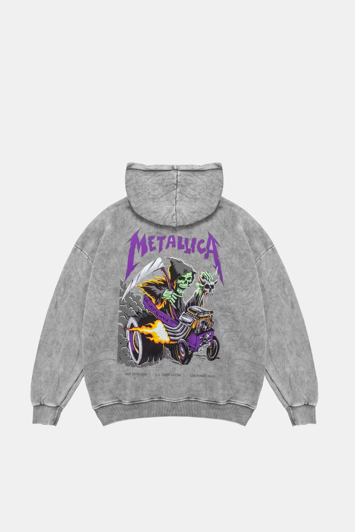 Yıkamalı Beyaz Metallica Mor Sırt Baskılı Oversize Kapüşonlu Sweatshirt