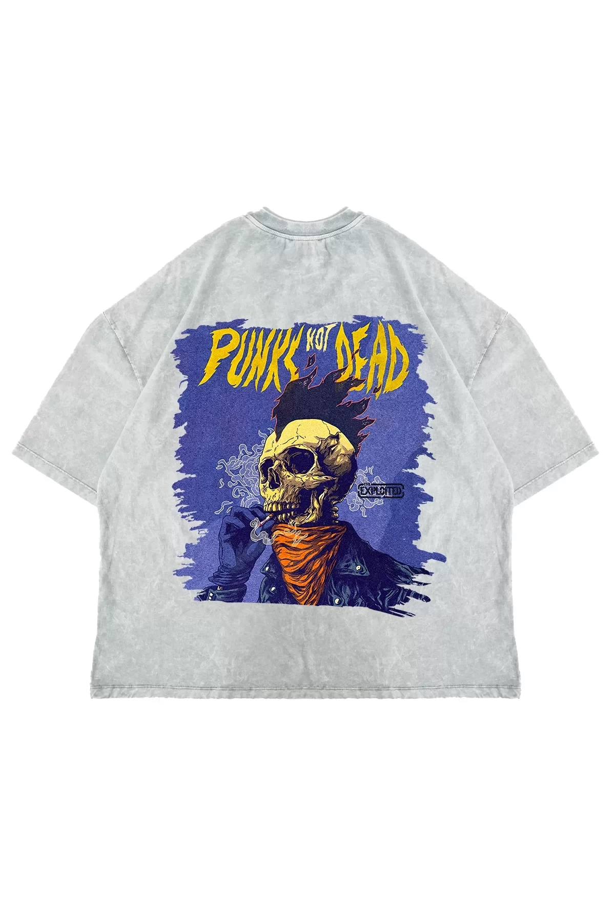 Yıkamalı Beyaz Punks Not Dead Sırt Baskılı Oversize Unisex Tshirt