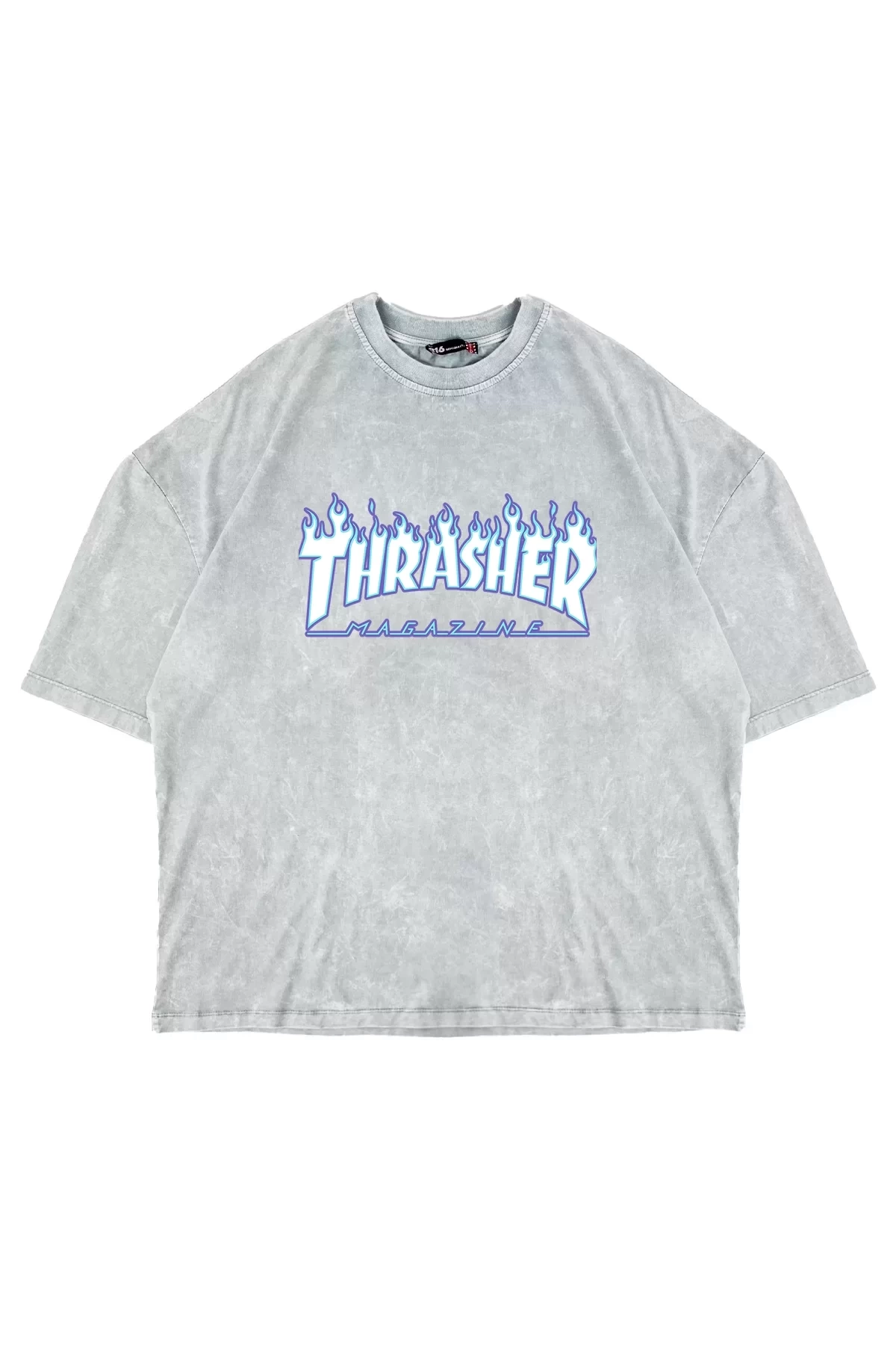 Yıkamalı Beyaz Thrasher Flam Baskılı Oversize Unisex Tshirt