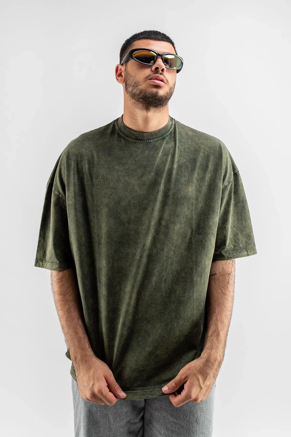 Yıkamalı Haki Basic Oversize Unisex Tshirt