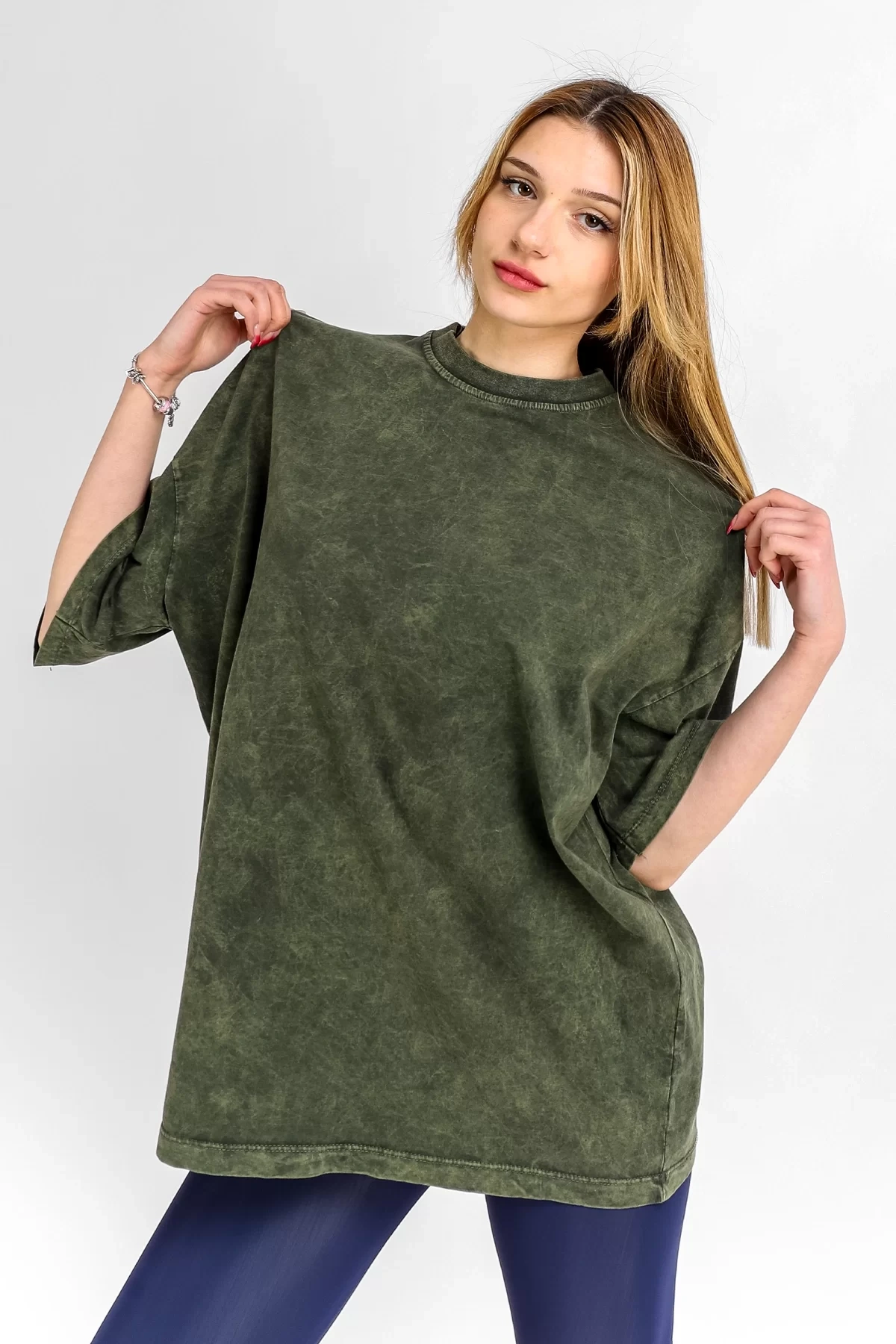 Yıkamalı Haki Basic Oversize Unisex Tshirt