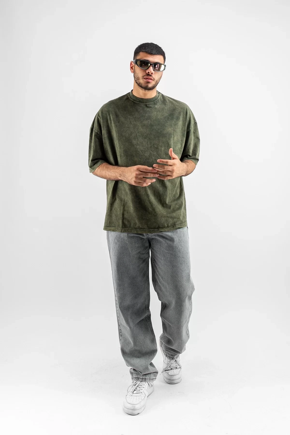 Yıkamalı Haki Basic Oversize Unisex Tshirt