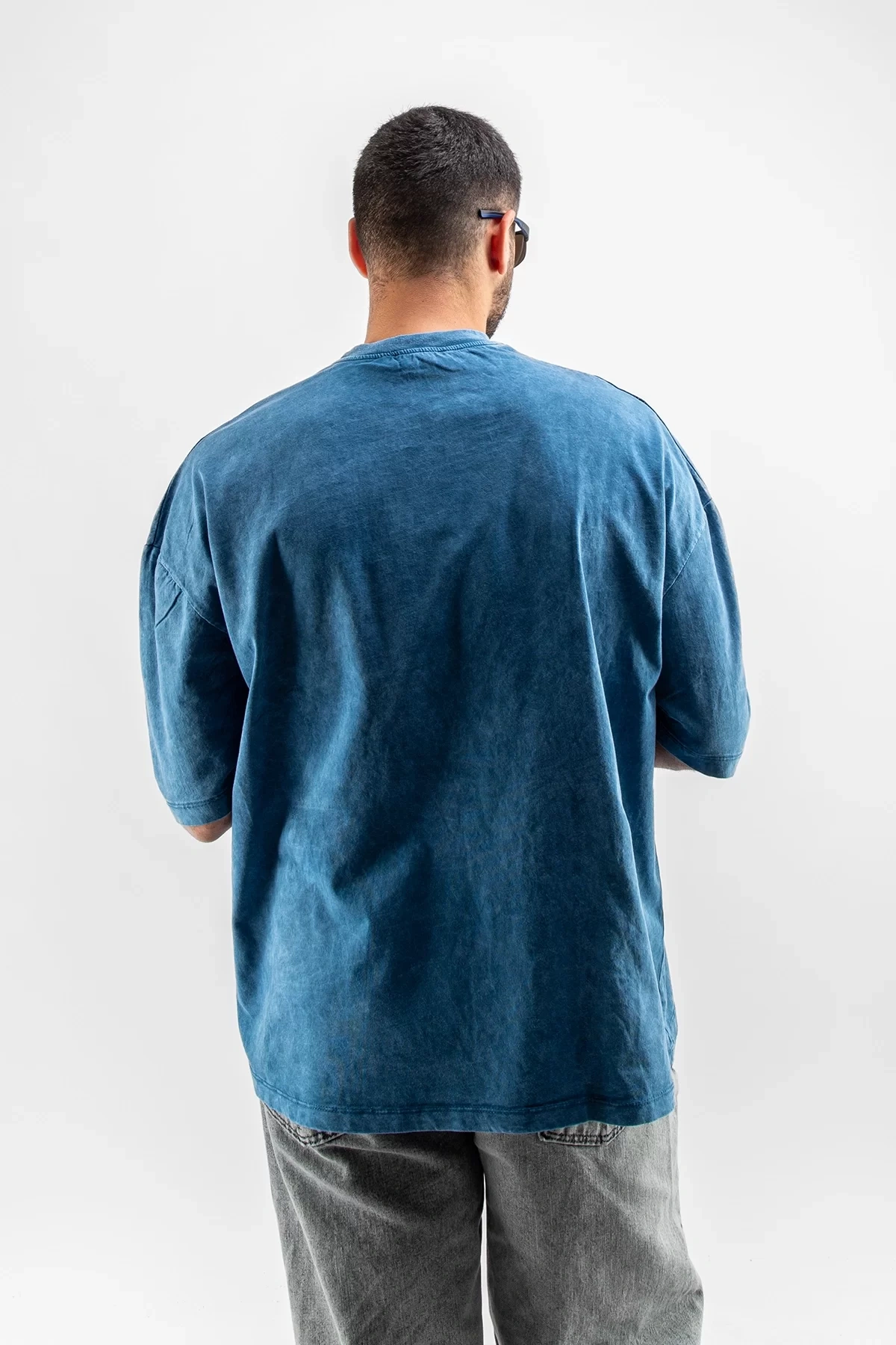 Yıkamalı Mavi Basic Oversize Unisex Tshirt