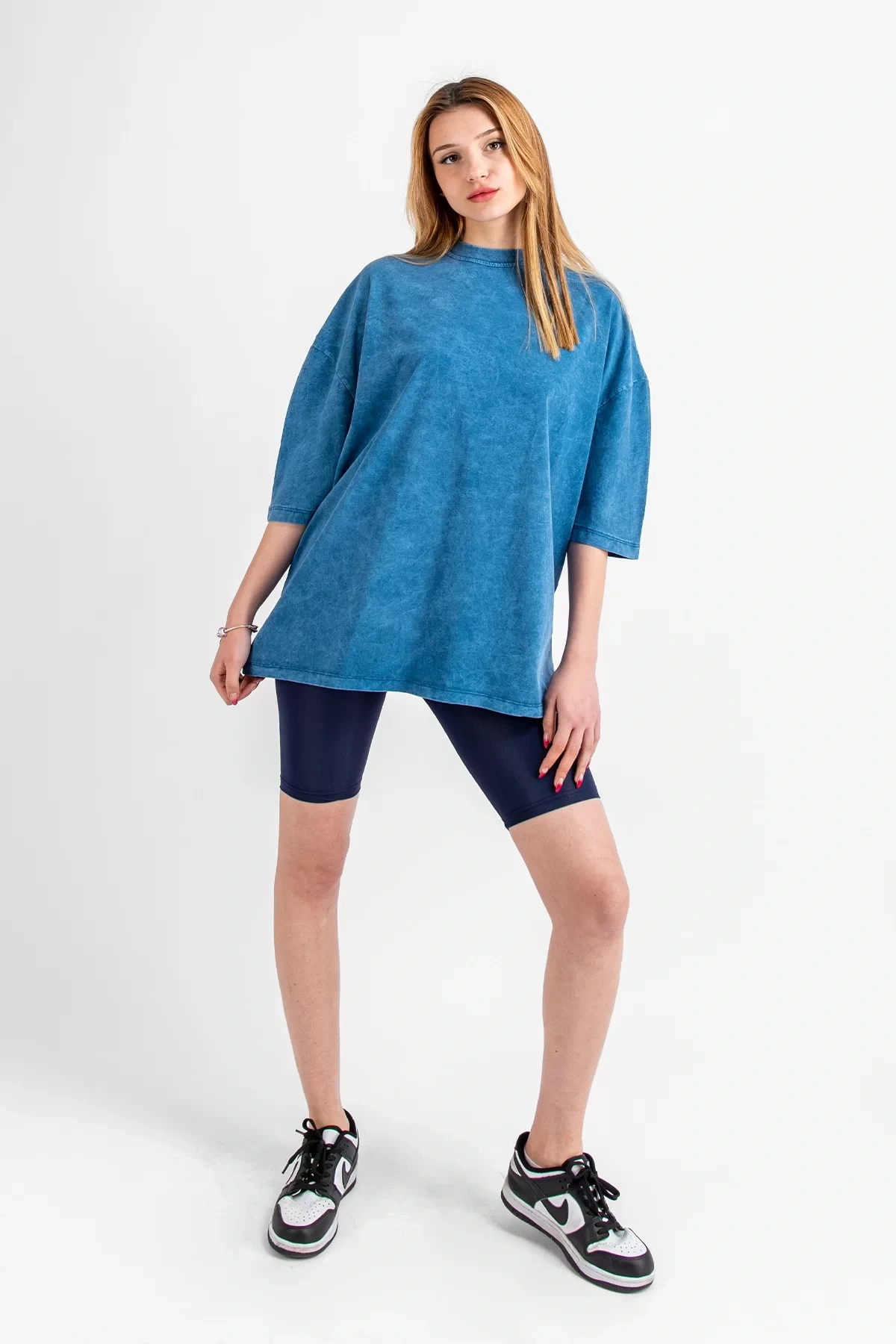 Yıkamalı Mavi Basic Oversize Unisex Tshirt