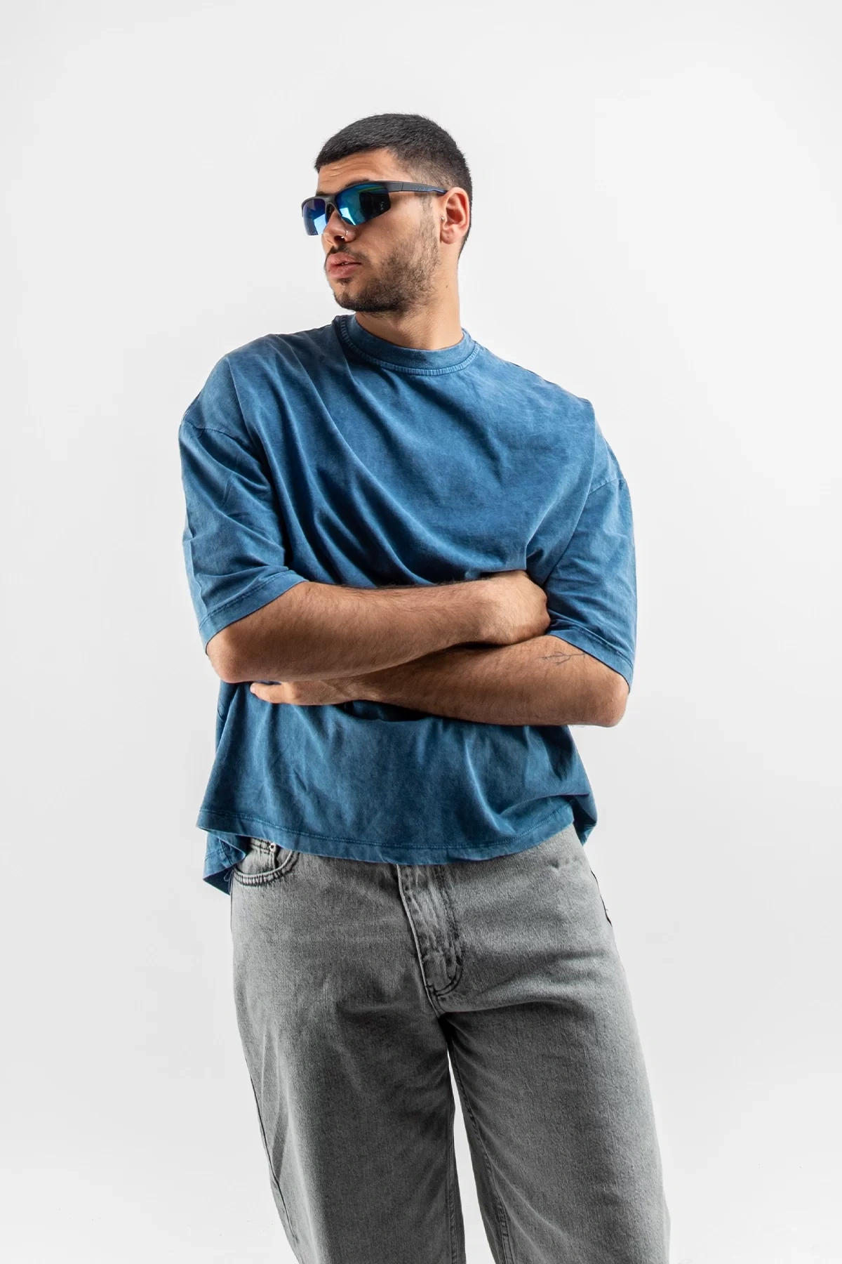 Yıkamalı Mavi Basic Oversize Unisex Tshirt